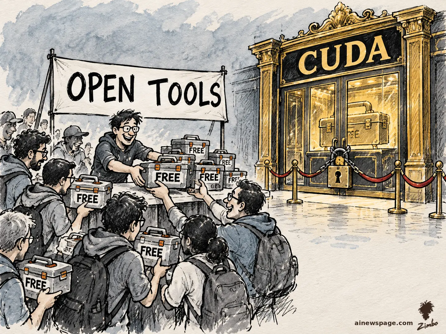 Editorial cartoon: a crowded OPEN TOOLS table hands FREE toolboxes to a line of engineers while the gold-padlocked CUDA store next door sits empty.