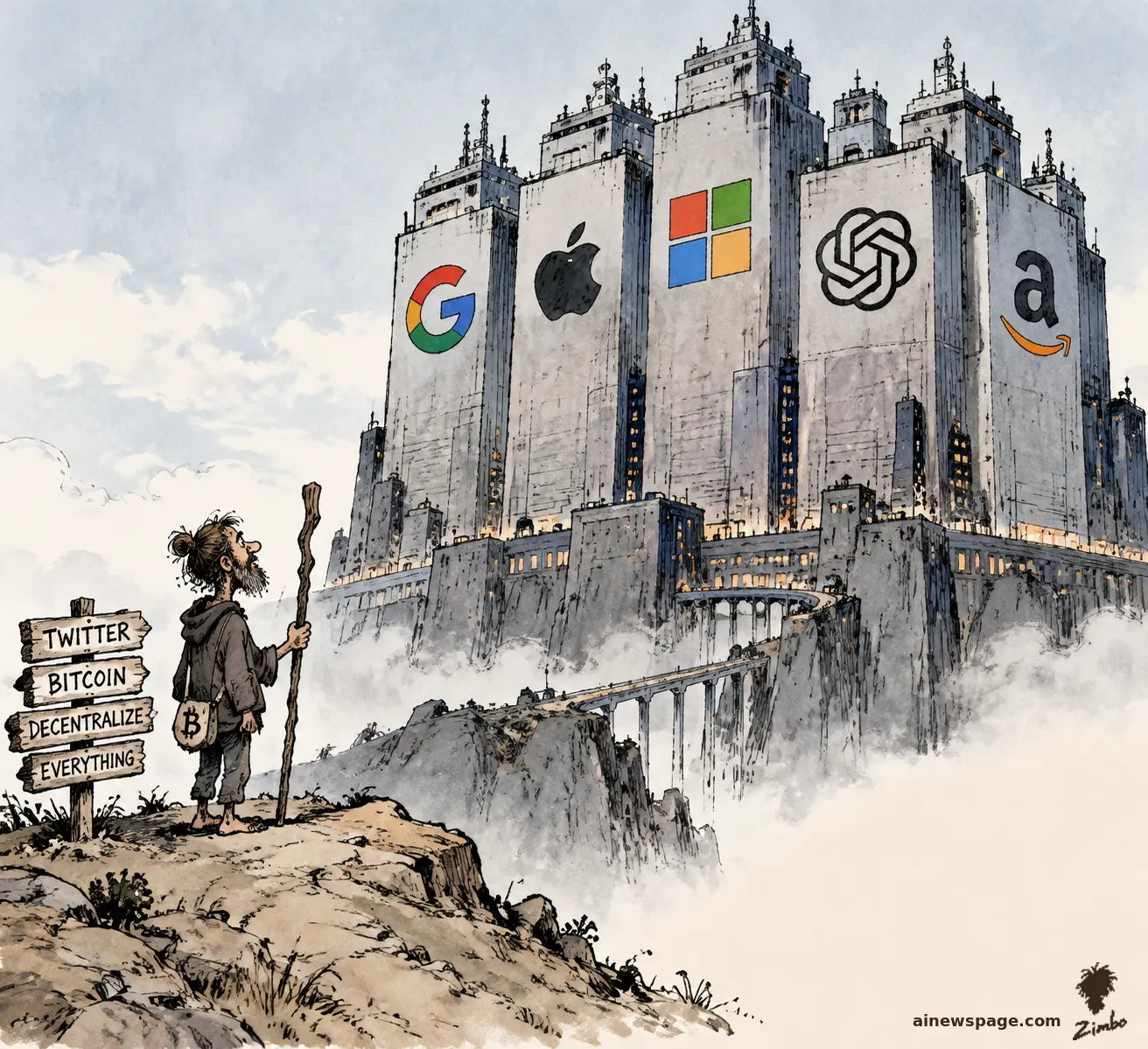 AI cartoon by Zimbo: Satirical cartoon: a tiny bearded pilgrim with a Bitcoin sack stands by a TWITTER / BITCOIN / DECENTRALIZE / EVERYTHING signpost, dwarfed by a colossal fortress of five interlocking towers bearing Google, Apple, Microsoft, OpenAI, and Amazon logos.