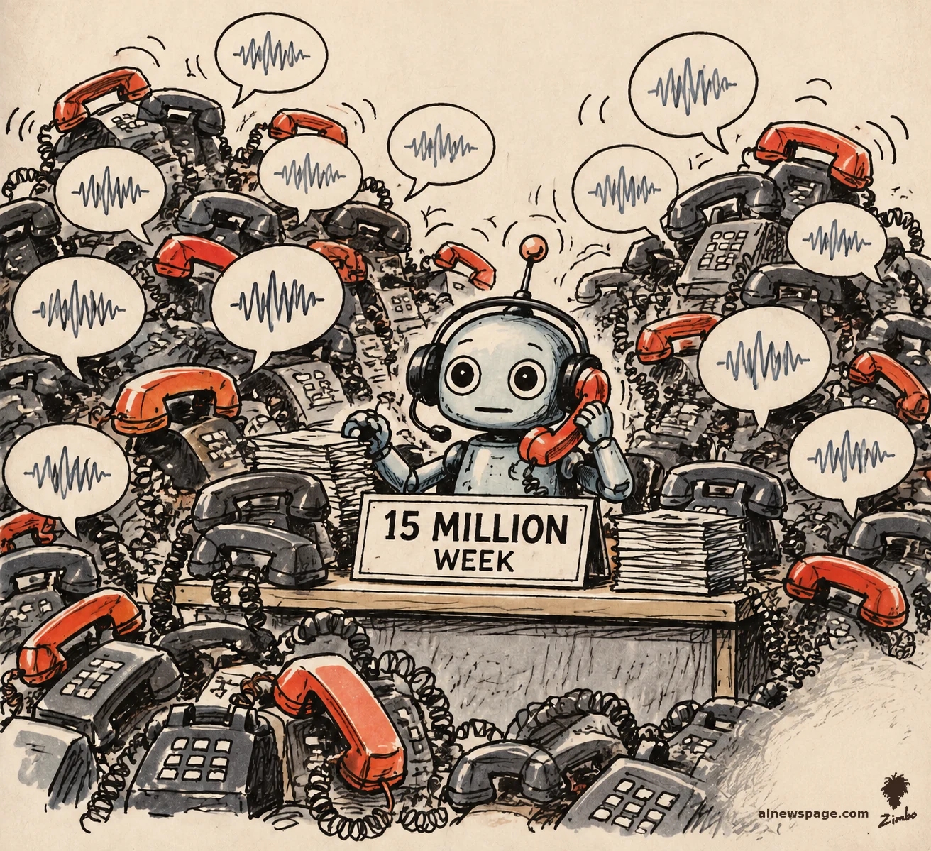 Satirical cartoon: one tiny robot with a call-center headset is buried under an avalanche of ringing red telephones and voice-waveform speech bubbles, behind a desk sign reading 15 MILLION / WEEK.