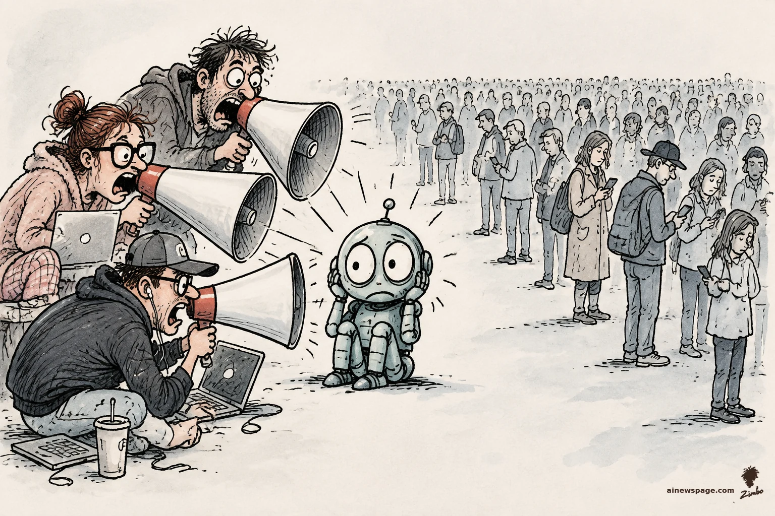 AI cartoon by Zimbo: Satirical cartoon: three obsessive humans with giant megaphones shout into the ear of a small cowering robot, while behind them a vast silent crowd stands idle on their phones.