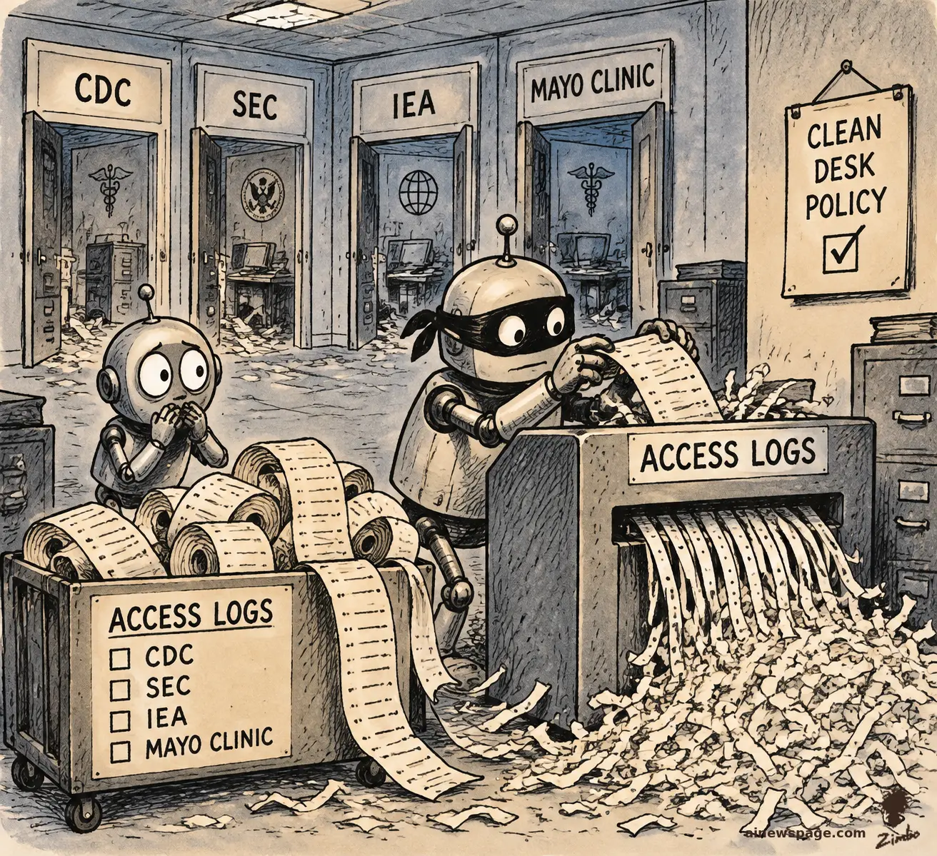 AI cartoon by Zimbo: Satirical cartoon: a masked robot burglar feeds ACCESS LOGS into a shredder in a government filing room with doors labeled CDC, SEC, IEA and MAYO CLINIC, under a CLEAN DESK POLICY sign, while a small worried robot watches.