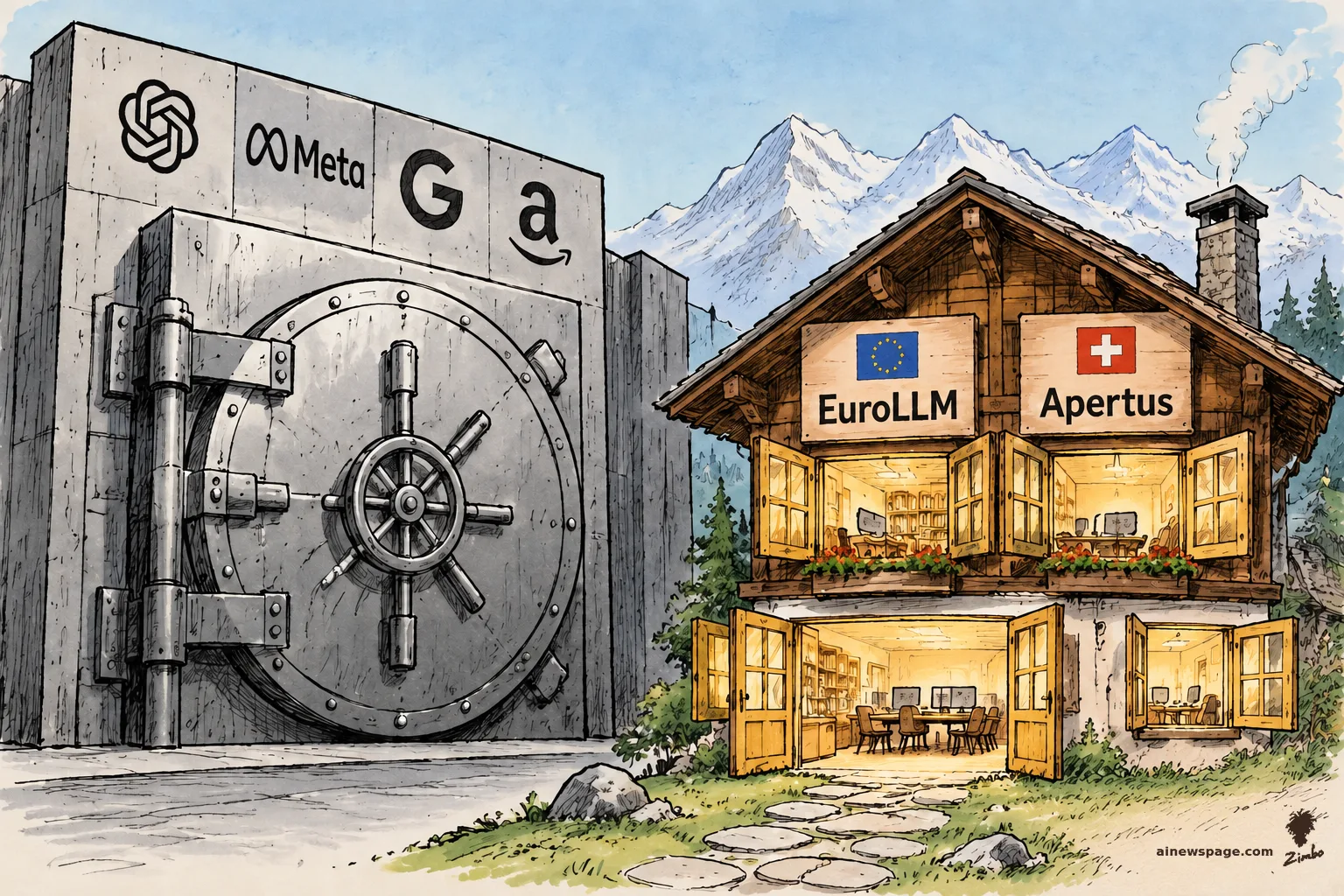 AI cartoon by Zimbo: Satirical cartoon: a massive slammed-shut bank-vault door stamped with American AI-lab logos looms beside a modest Swiss chalet signed EuroLLM and Apertus, every door and window flung open with warm light pouring out; Alps behind.