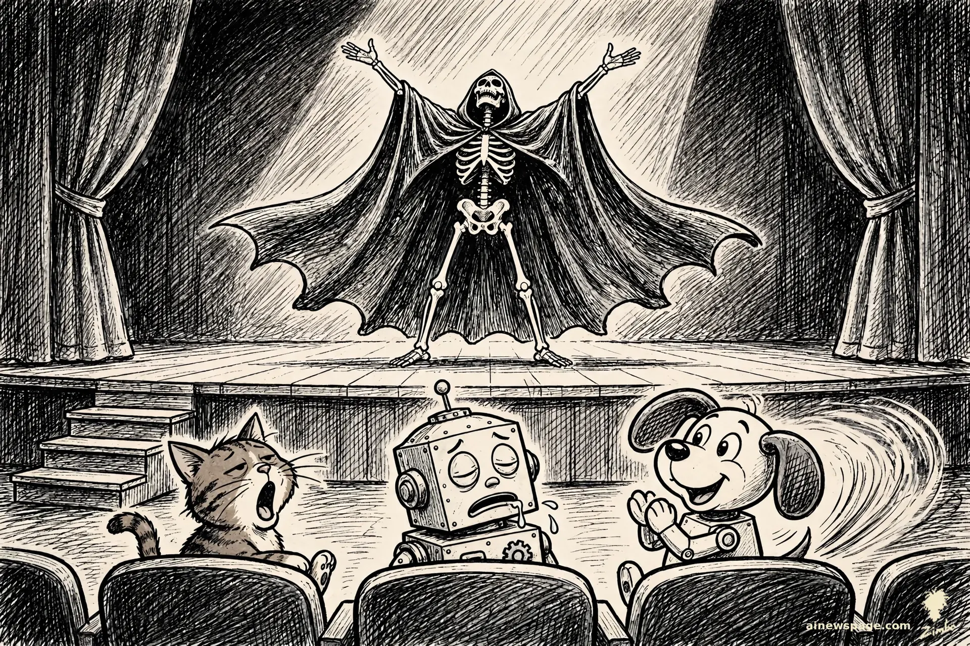 AI cartoon by Zimbo: Zimbo cartoon: a grandiose skeletal Death with cape spread takes a bow on a small stage; in the front row a tabby cat yawns, a robot sleeps, and a robot dog applauds adoringly.