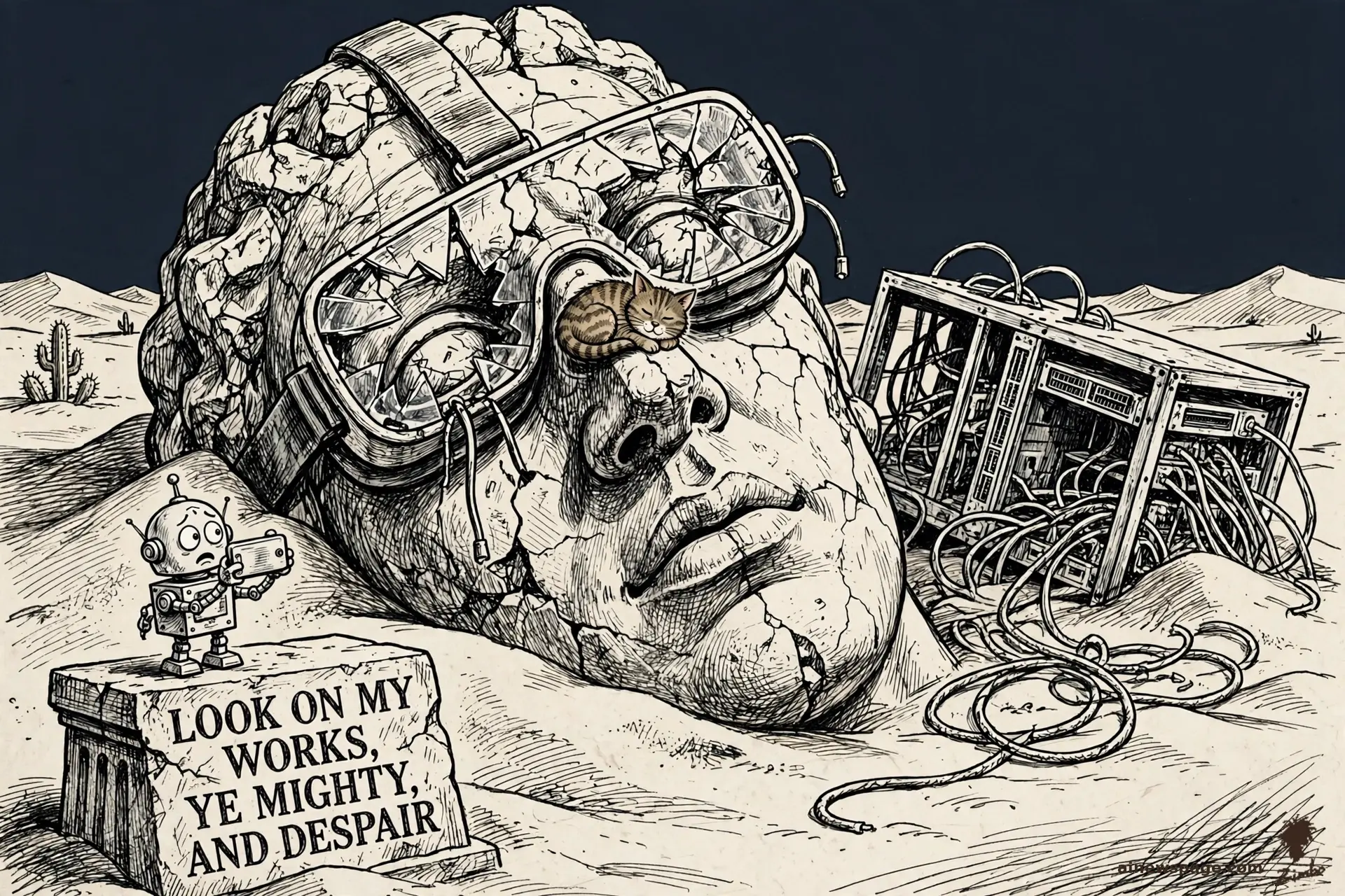 AI cartoon by Zimbo: Zimbo cartoon: a shattered colossal statue head half-buried in desert sand, a cracked VR headset across its face; a small worried robot photographs the ruin while a tabby cat naps on the statue's nose.