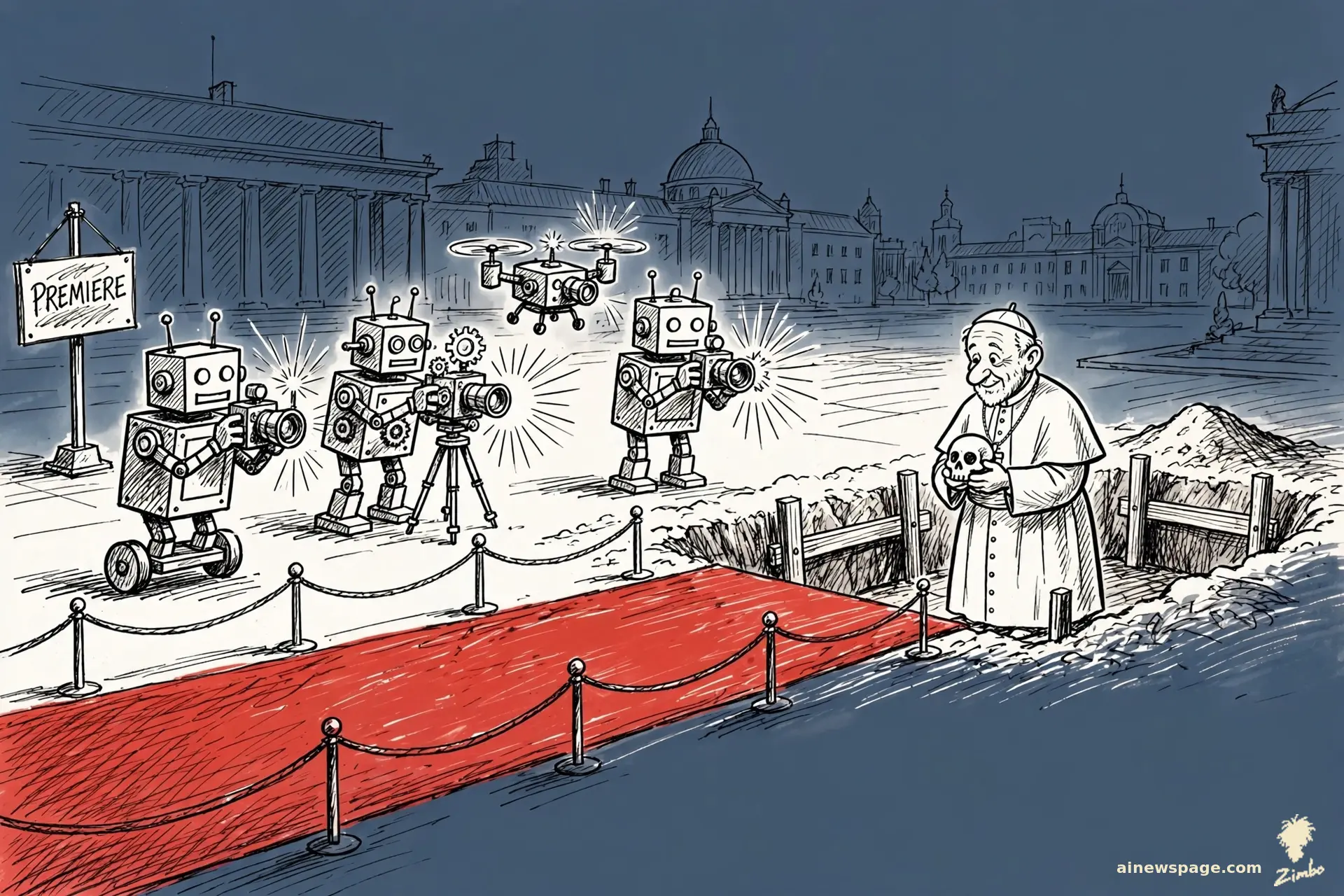 AI cartoon by Zimbo: Zimbo cartoon: a red carpet runs across a grand plaza straight into an open grave; paparazzi robots flash cameras at the empty carpet.