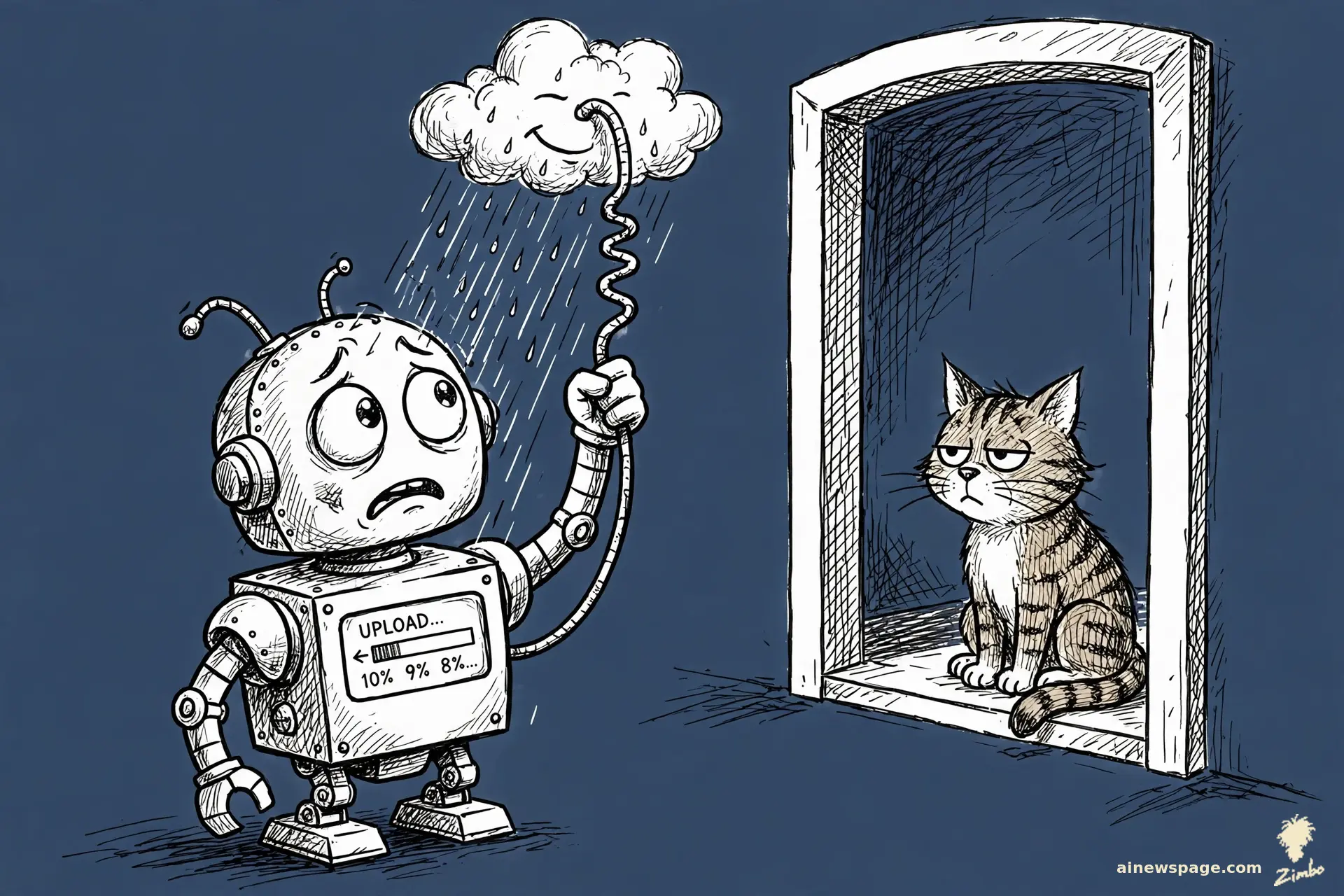 Zimbo cartoon: a small anxious robot holds a cable overhead toward a small rain cloud; the cloud rains on him and the upload bar on his chest runs backwards.