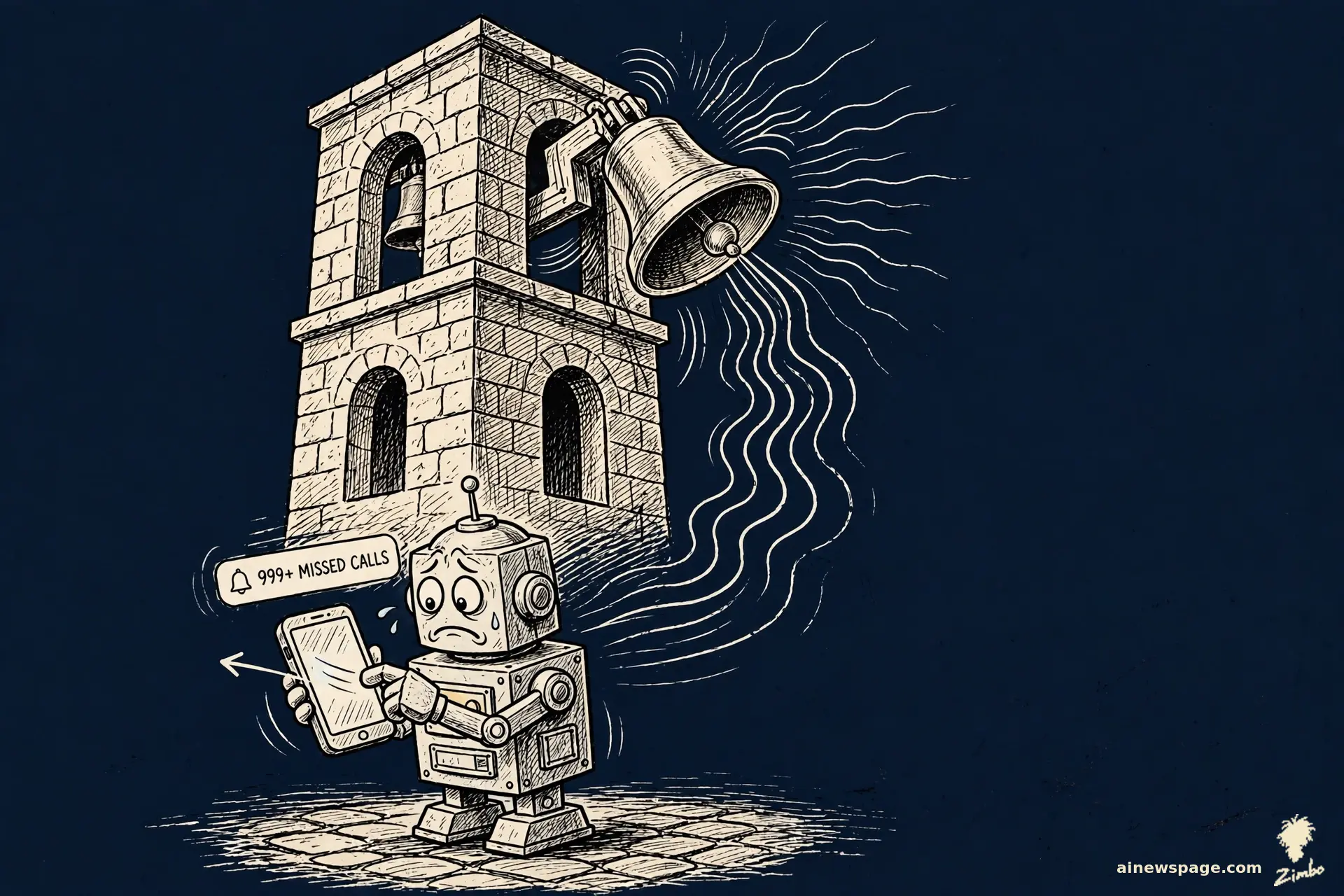 AI cartoon by Zimbo: Zimbo cartoon: a great bronze bell tolls in a stone tower; below, a small robot stares at his phone, swiping away a notification of hundreds of missed calls with a bell icon.