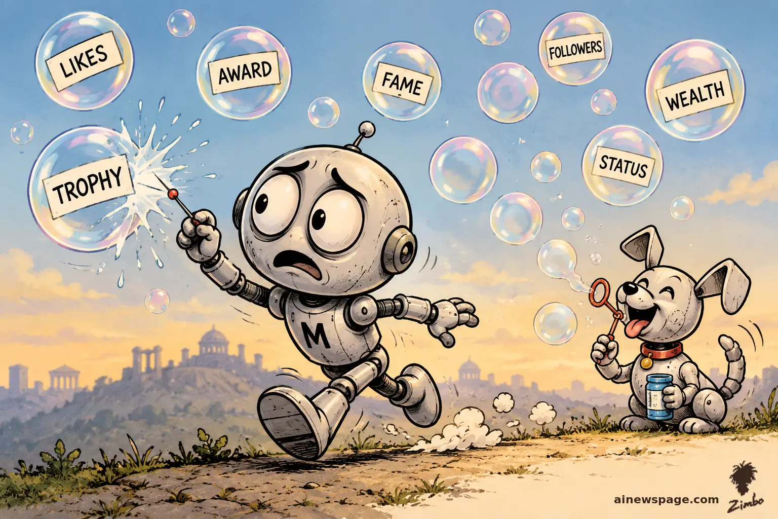 AI cartoon by Zimbo: Zimbo cartoon: a small robot chases soap bubbles labeled TROPHY, LIKES, AWARD, FAME, popping each with a pin, while a robot dog blows more bubbles behind him.