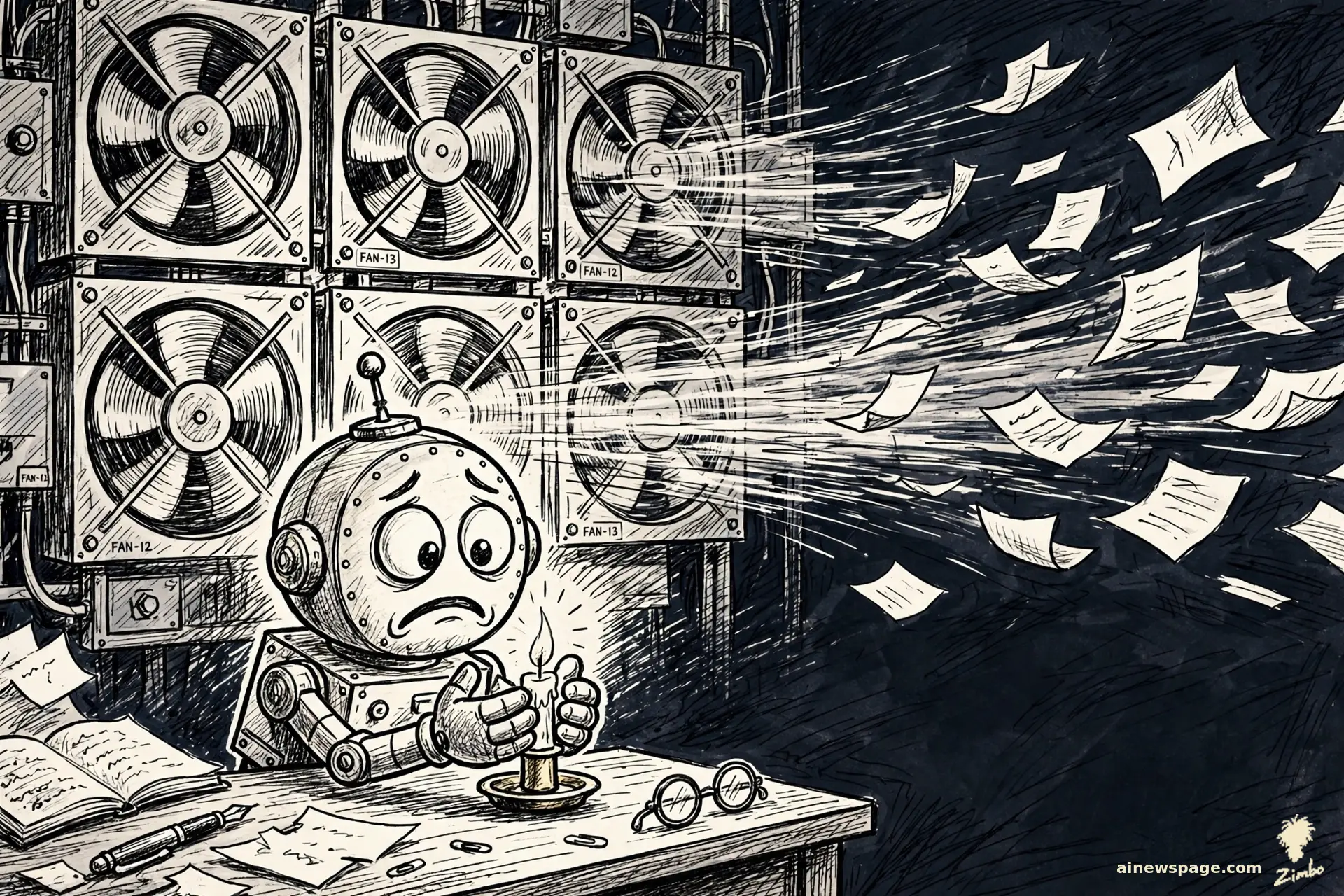 AI cartoon by Zimbo: Zimbo cartoon: a small robot cups both hands around a single lit candle on a night desk while a wall of server-farm cooling fans blasts papers behind him.