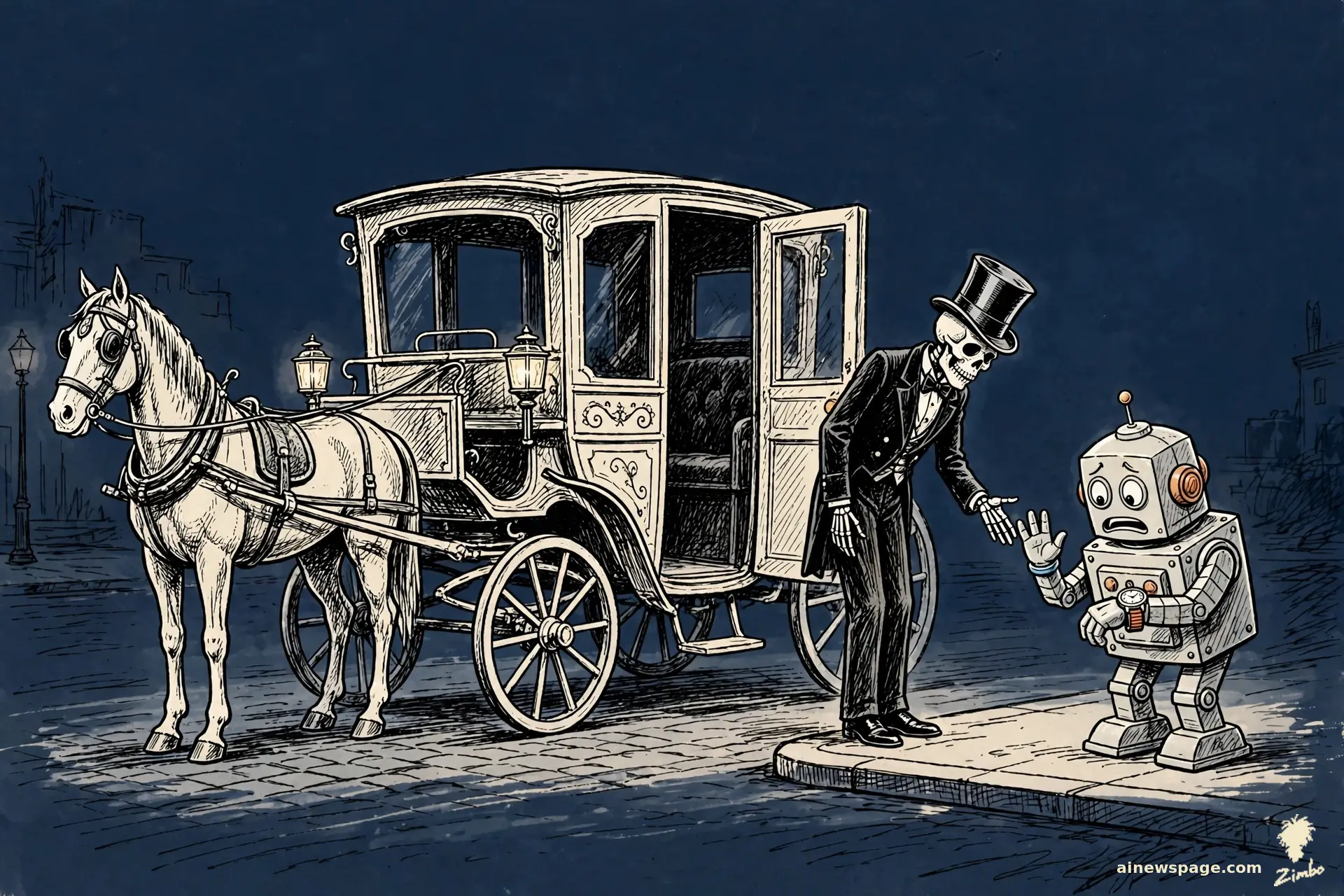AI cartoon by Zimbo: Zimbo cartoon: a courteous skeleton in a top hat holds open a horse-drawn carriage door at a curb; a small anxious robot checks his wristwatch with visible impatience.