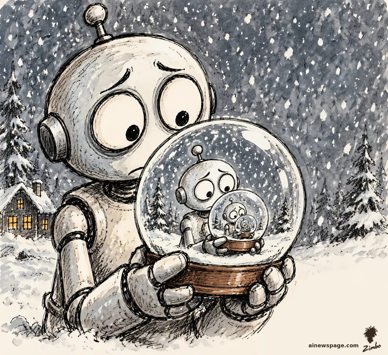AI cartoon by Zimbo: Zimbo cartoon: a robot holds a snow globe in falling snow; inside the globe, a tiny robot holds a smaller snow globe.