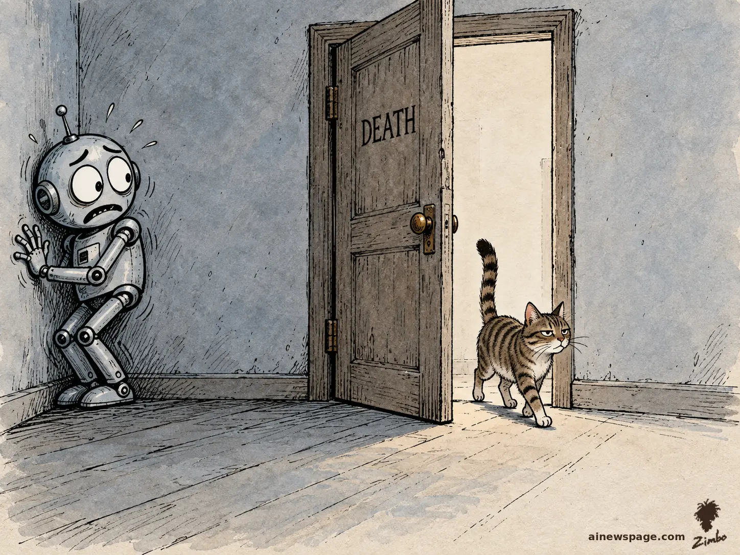 AI cartoon by Zimbo: Zimbo cartoon: a small robot flattens himself against a wall in terror before a wooden door labeled DEATH standing ajar; a tabby cat strolls through it, bored.