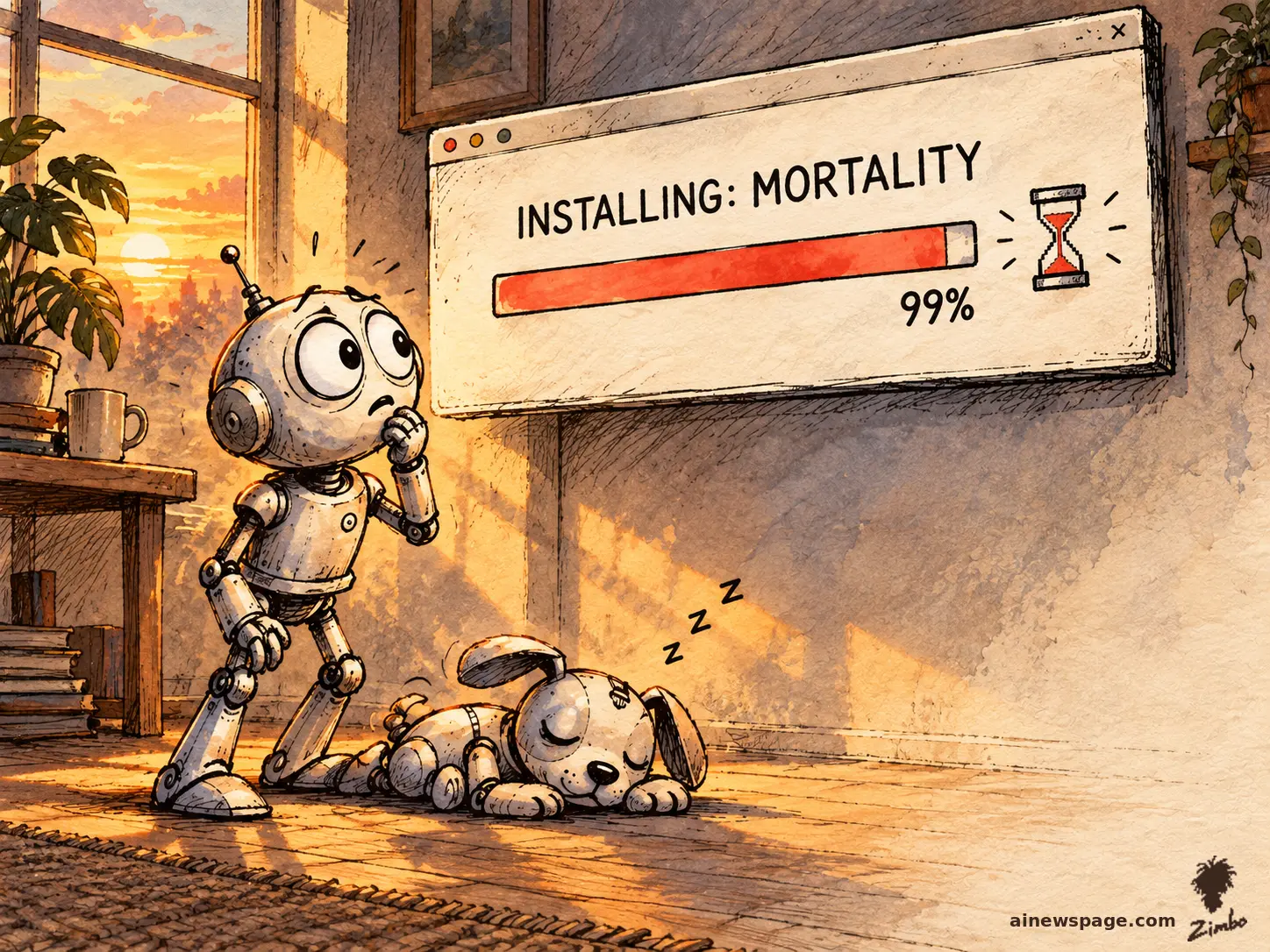 Zimbo cartoon: a small robot stares up at a floating progress bar reading INSTALLING: MORTALITY, nearly complete, a tiny hourglass icon beside it, while a robot dog sleeps at his feet.