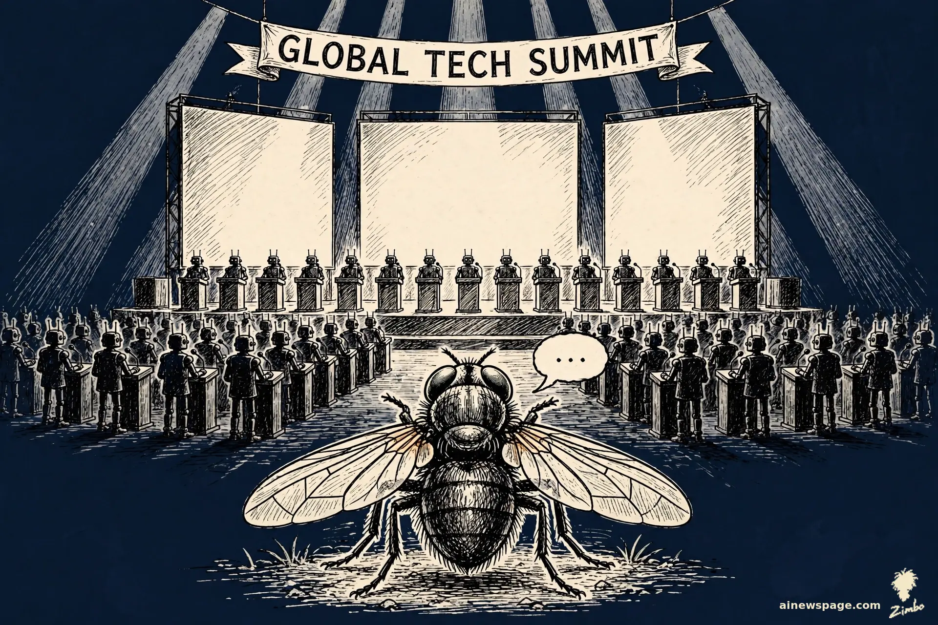 AI cartoon by Zimbo: Zimbo cartoon: rows of speaker-robots at podiums on a grand summit stage; huge in the foreground, a tiny ordinary housefly holds the only speech bubble.