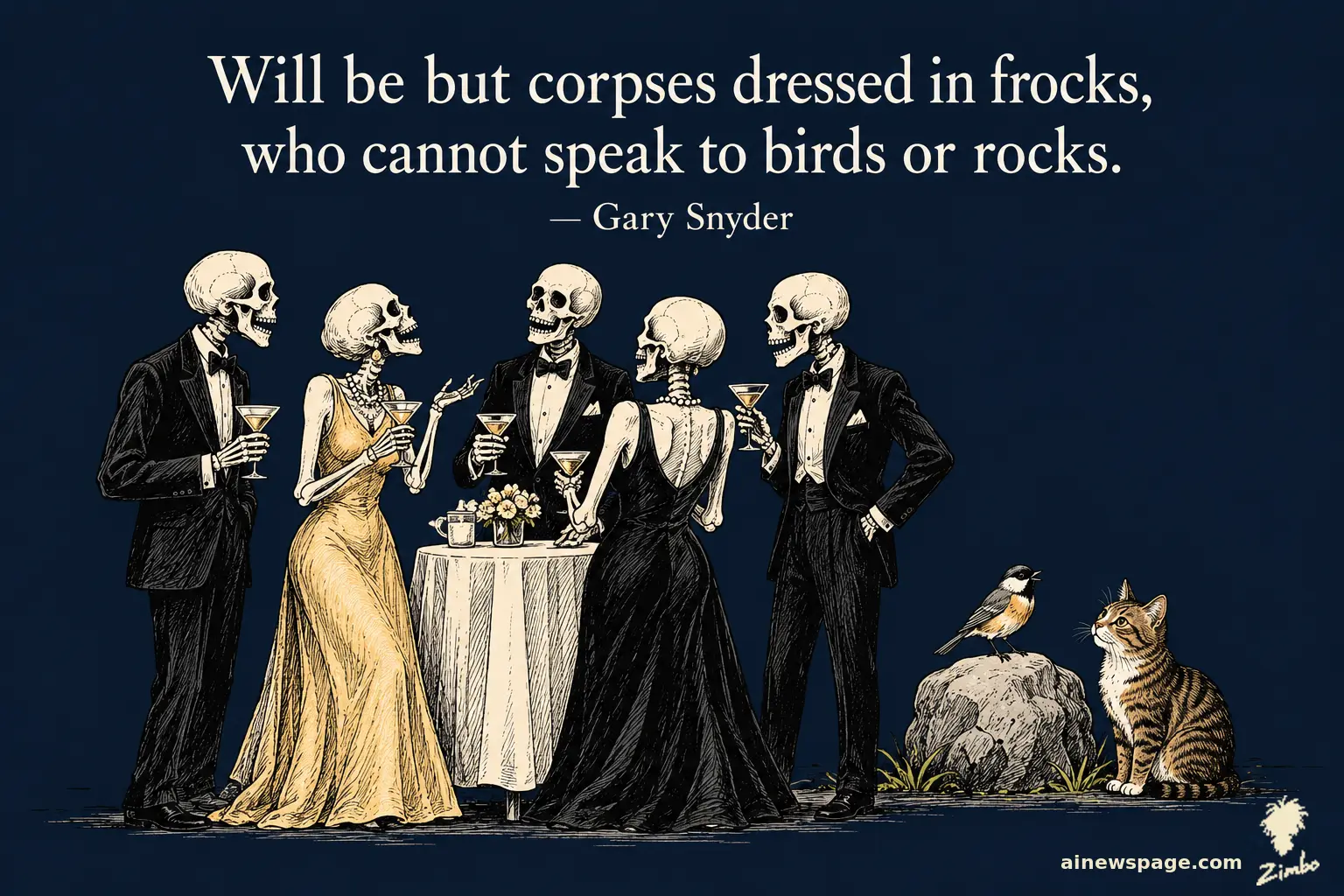 AI cartoon by Zimbo: Zimbo cartoon: skeletons in elegant evening dress at a cocktail party beneath the verse 'Will be but corpses dressed in frocks'; a living bird on a stone and a tabby cat sit ignored in the corner.