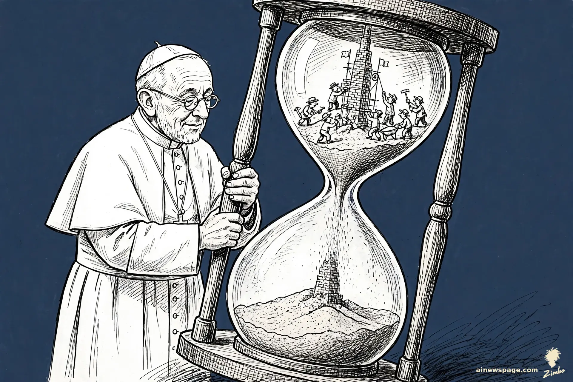 AI cartoon by Zimbo: Zimbo cartoon: an elderly pope-like figure silently turns a giant hourglass; tiny humans rush to build a tower in the top bulb as sand buries its base.