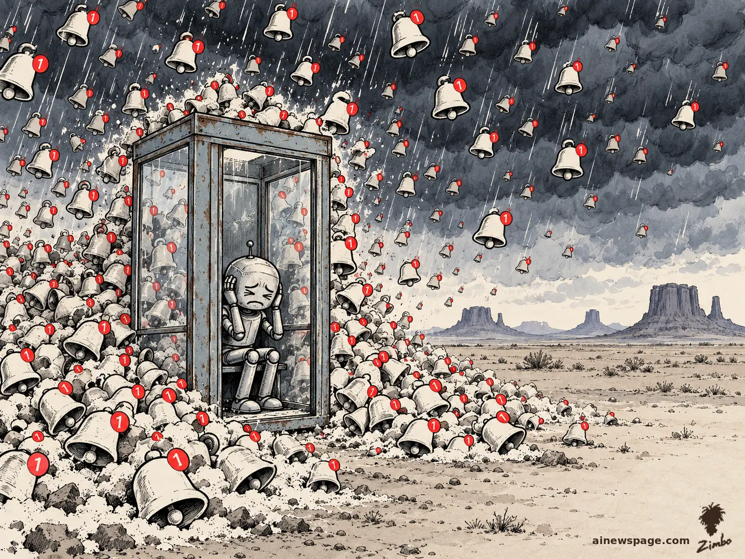 AI cartoon by Zimbo: Zimbo cartoon: a small robot sits in a glass phone booth in a barren plain, hands over ears, while notification bells rain from the sky and pile against the glass.