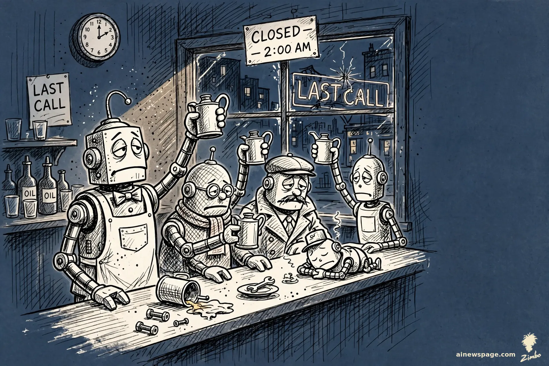 AI cartoon by Zimbo: Zimbo cartoon: weary service robots toast with oil cans at a bar at last call under a flickering neon sign; one sleeps on the counter.