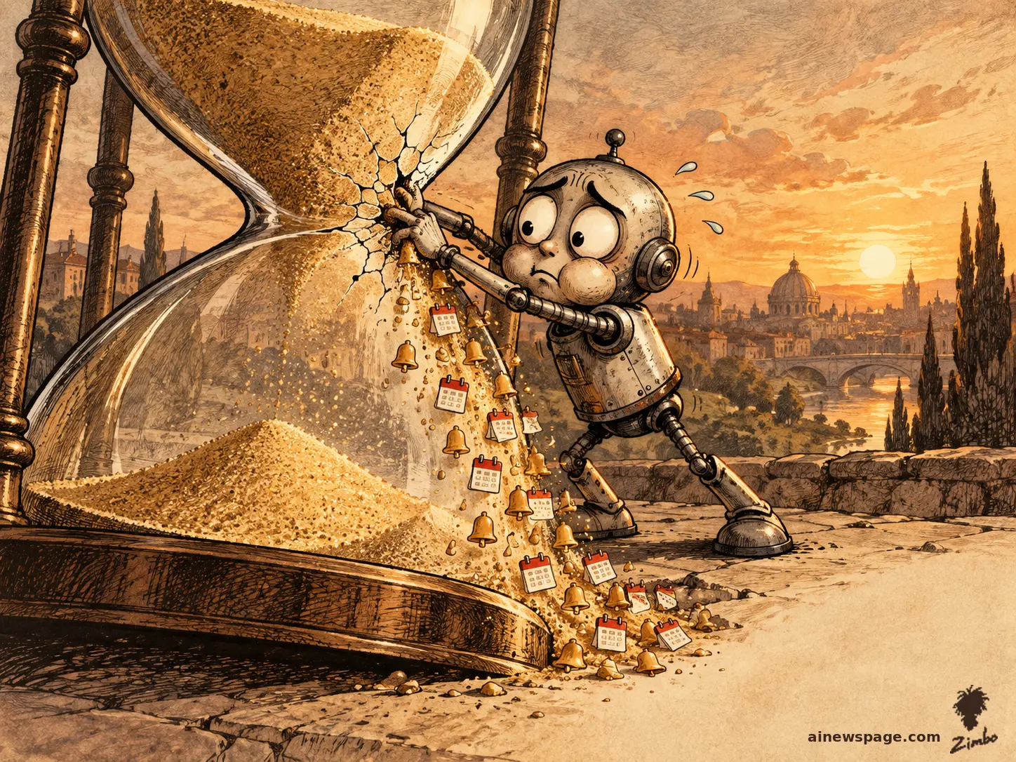 AI cartoon by Zimbo: Zimbo cartoon: a small robot plugs a crack in a giant hourglass with both fingers while escaping sand falls as notification bells and calendar invites.