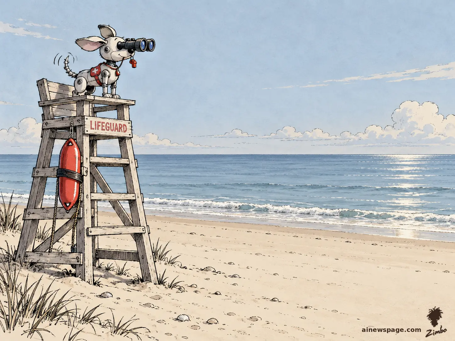 AI cartoon by Zimbo: Zimbo cartoon: a small robot dog stands in a lifeguard chair on a completely empty beach, scanning the calm ocean through binoculars, whistle ready.