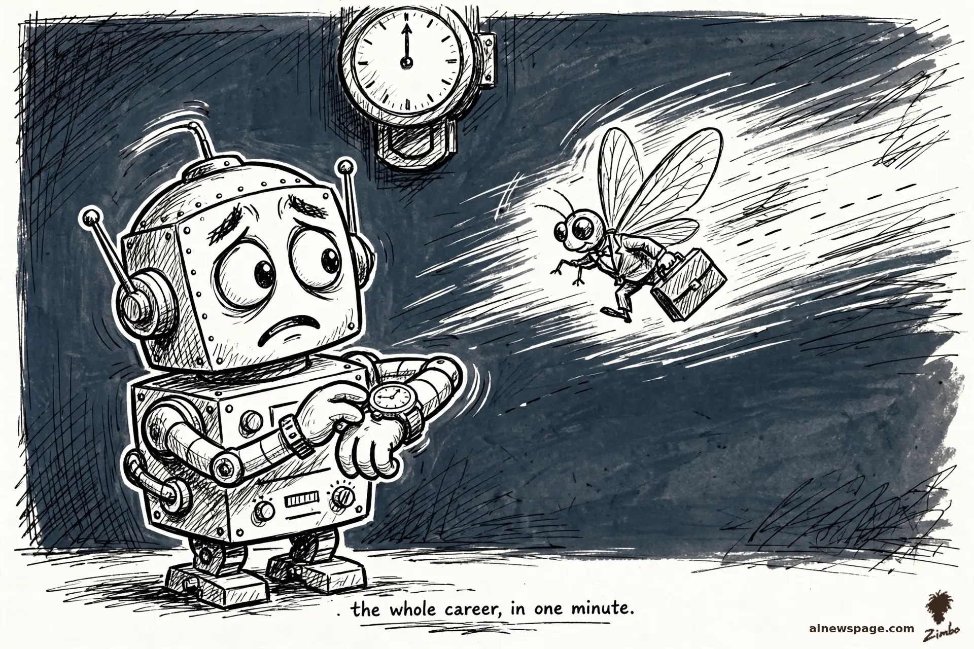 AI cartoon by Zimbo: Zimbo cartoon: a mayfly in a tiny business suit rushes past with a briefcase, motion lines everywhere; a small robot checks his wristwatch sympathetically.