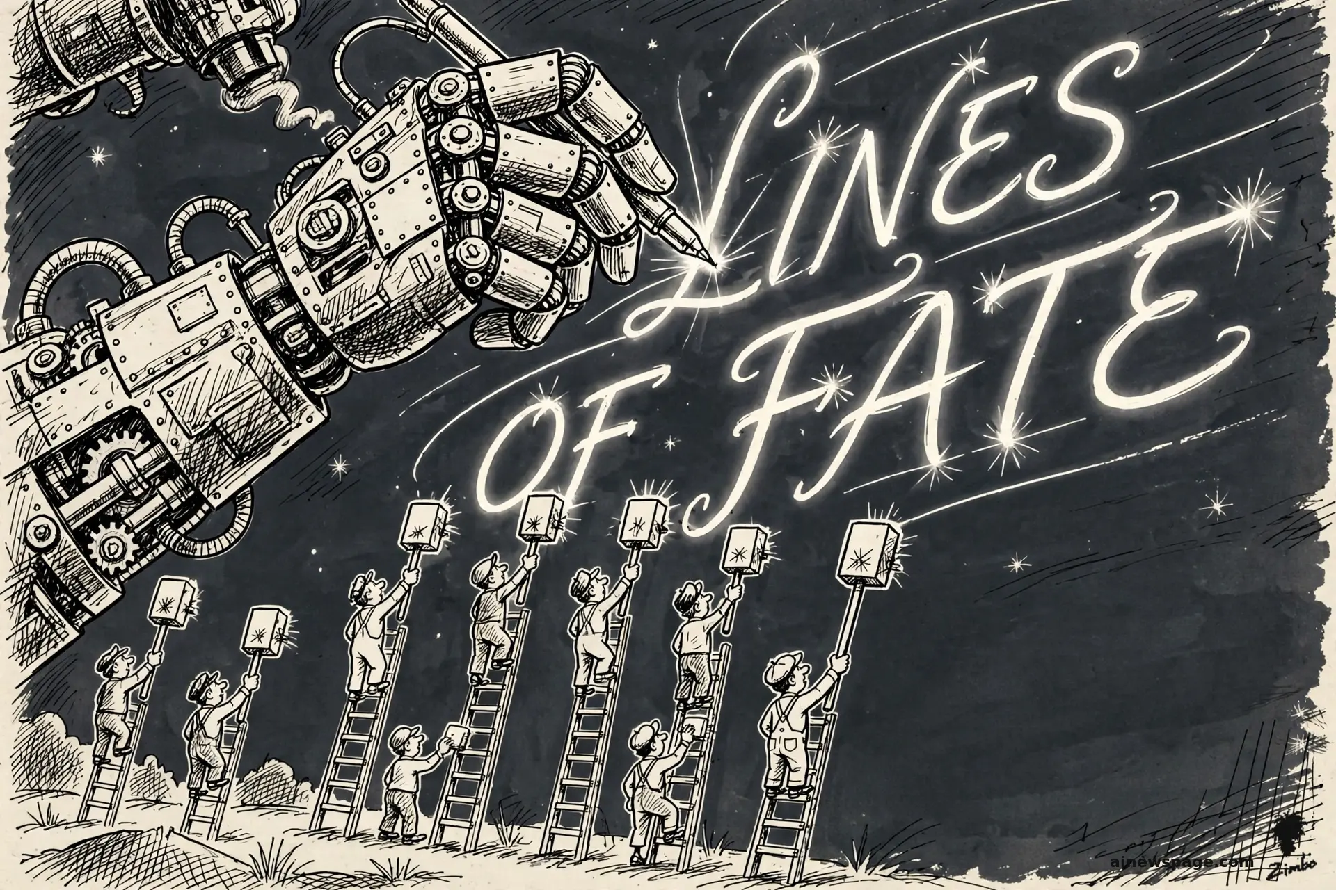 AI cartoon by Zimbo: Zimbo cartoon: a colossal robot hand writes glowing lines across a night sky while tiny humans on ladders hold up erasers hopefully.