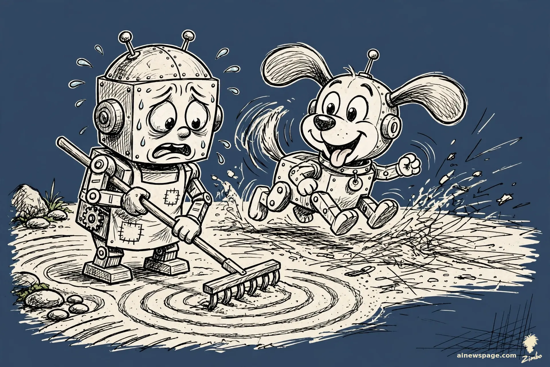 AI cartoon by Zimbo: Zimbo cartoon: an anxious robot carefully rakes a perfect zen garden while a small robot dog wags its tail behind him, scattering every finished line.