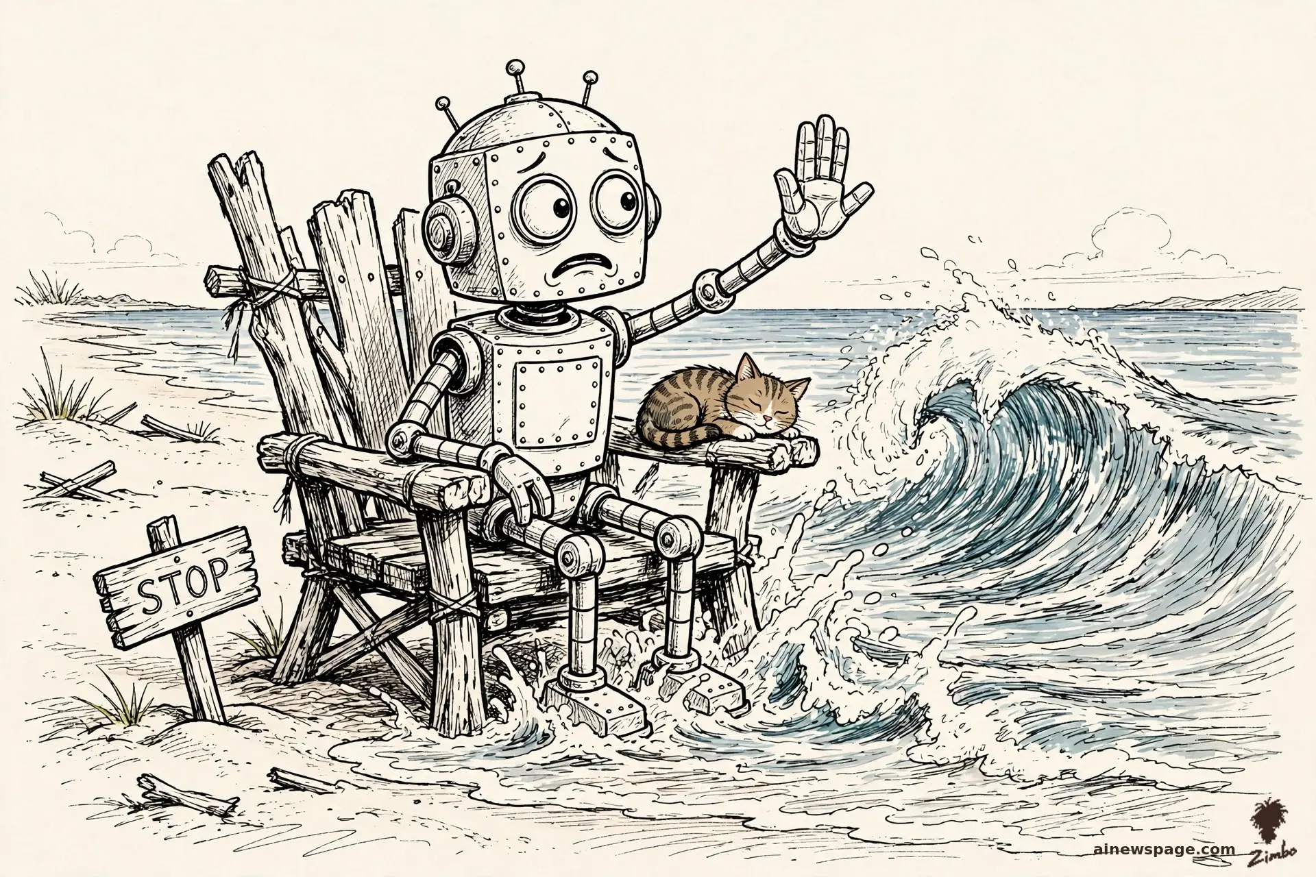 AI cartoon by Zimbo: Zimbo cartoon: a small robot sits on a driftwood throne commanding an incoming wave to stop, a STOP sign in the sand; the wave washes over his feet while a cat sleeps dry on the armrest.