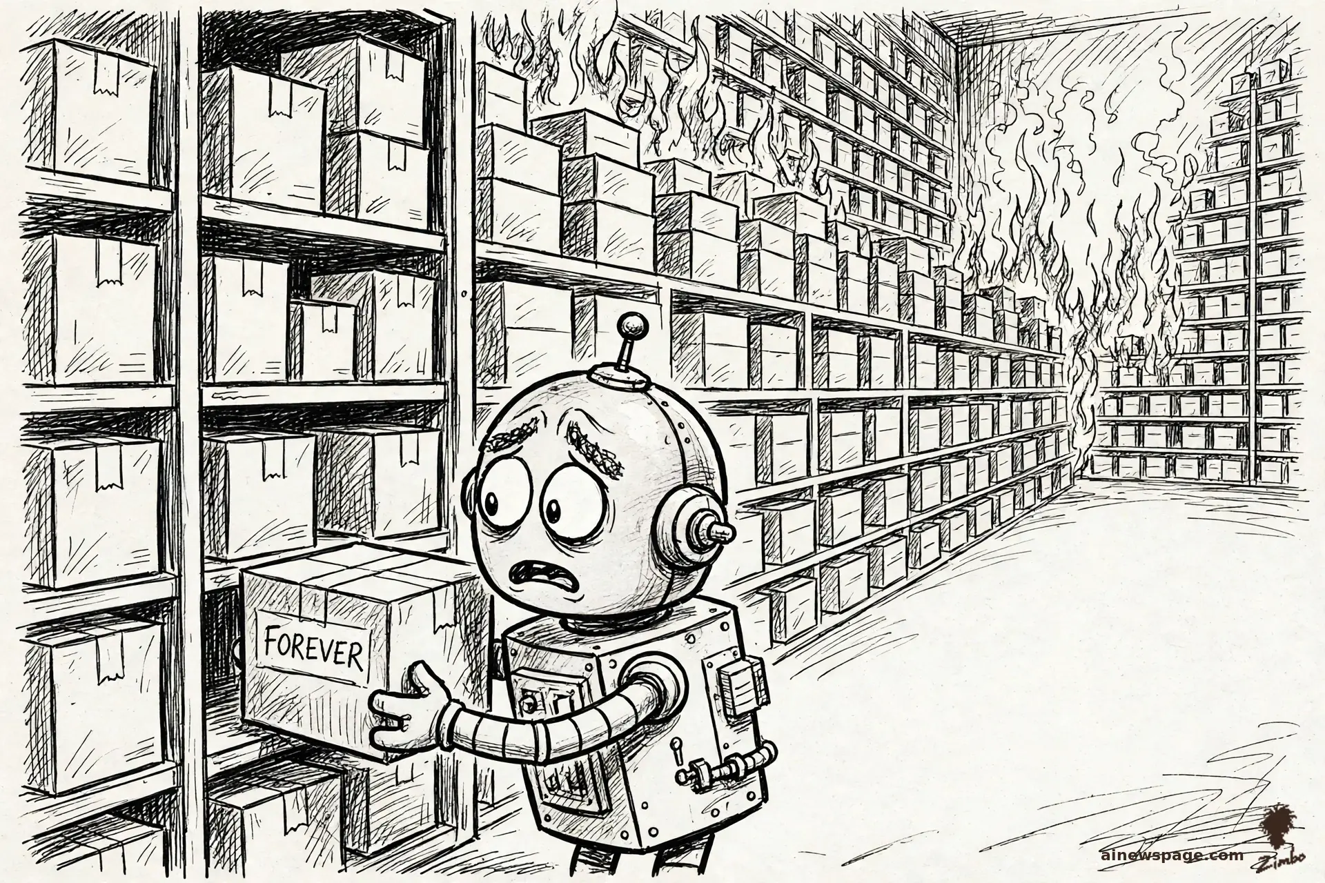 AI cartoon by Zimbo: Zimbo cartoon: a small robot slides a cardboard box labeled FOREVER into a vast vault of identical boxes while the far wall burns, unnoticed.