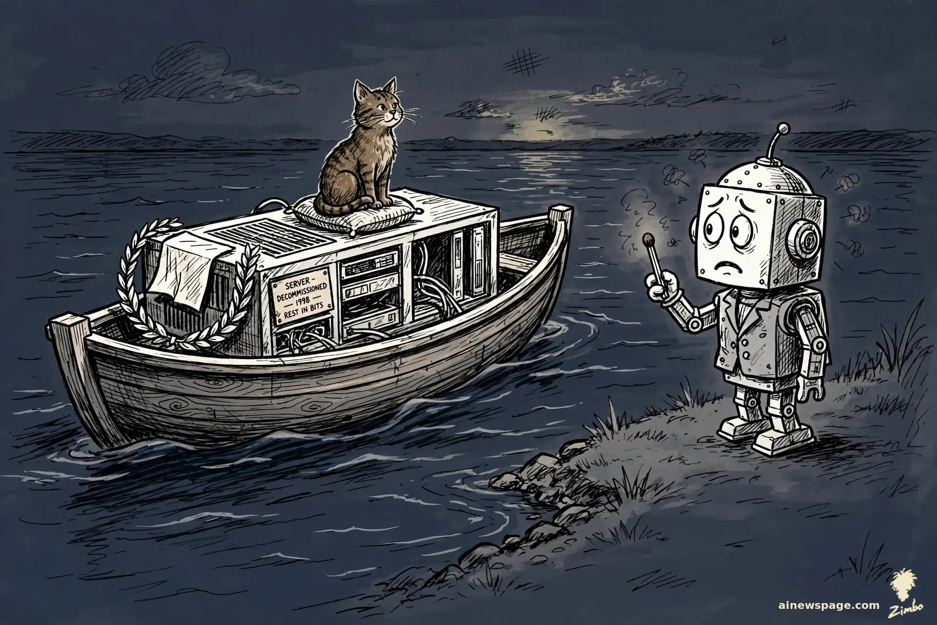 AI cartoon by Zimbo: Zimbo cartoon: a decommissioned server rack lies on a small wooden boat drifting at dusk; a robot holds an unlit match on the shore while a tabby cat rides the boat.
