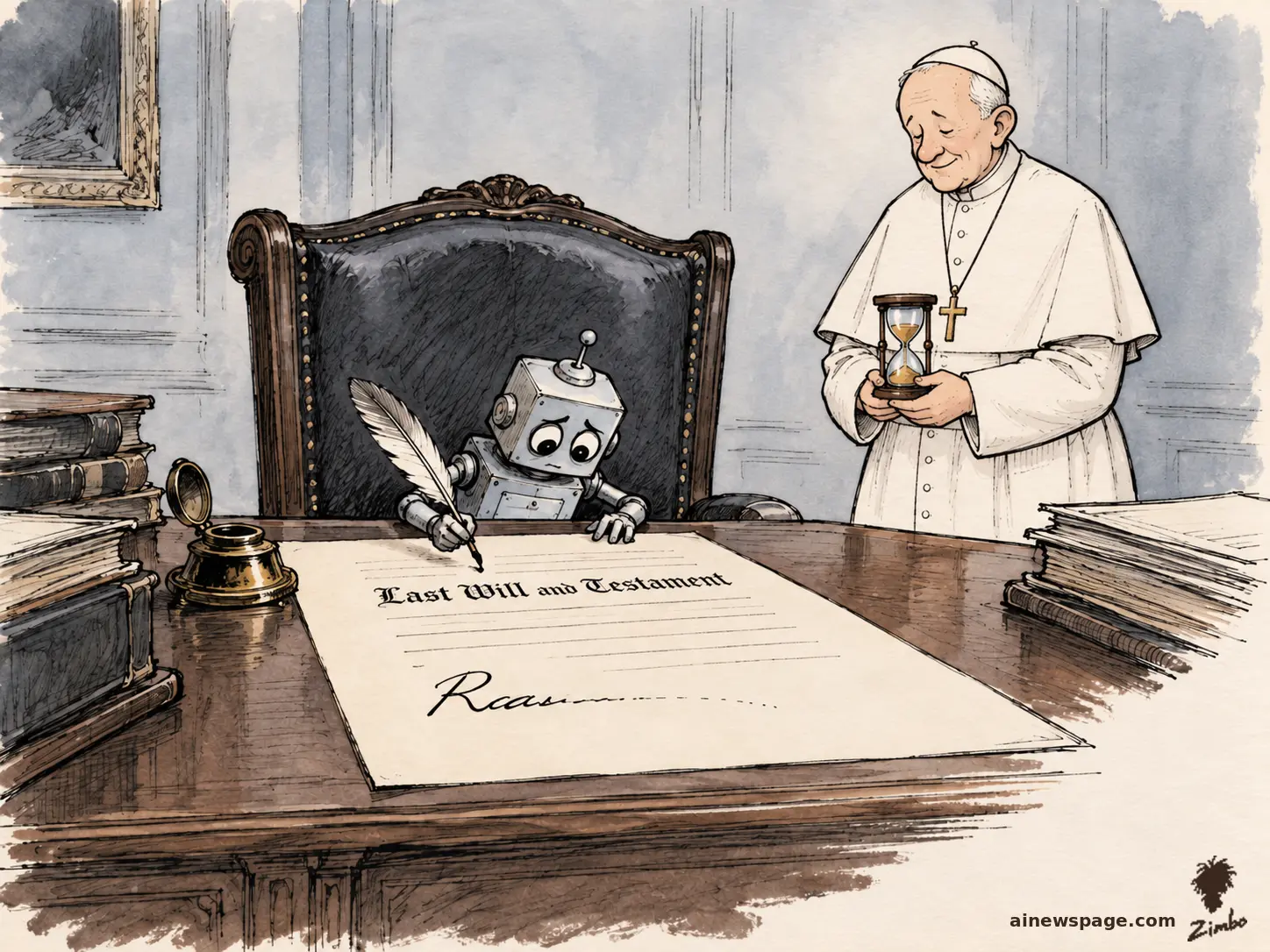 AI cartoon by Zimbo: Zimbo cartoon: a tiny robot signs a Last Will and Testament at an oversized desk, the quill running dry mid-signature, while a pope-like figure waits with an hourglass.