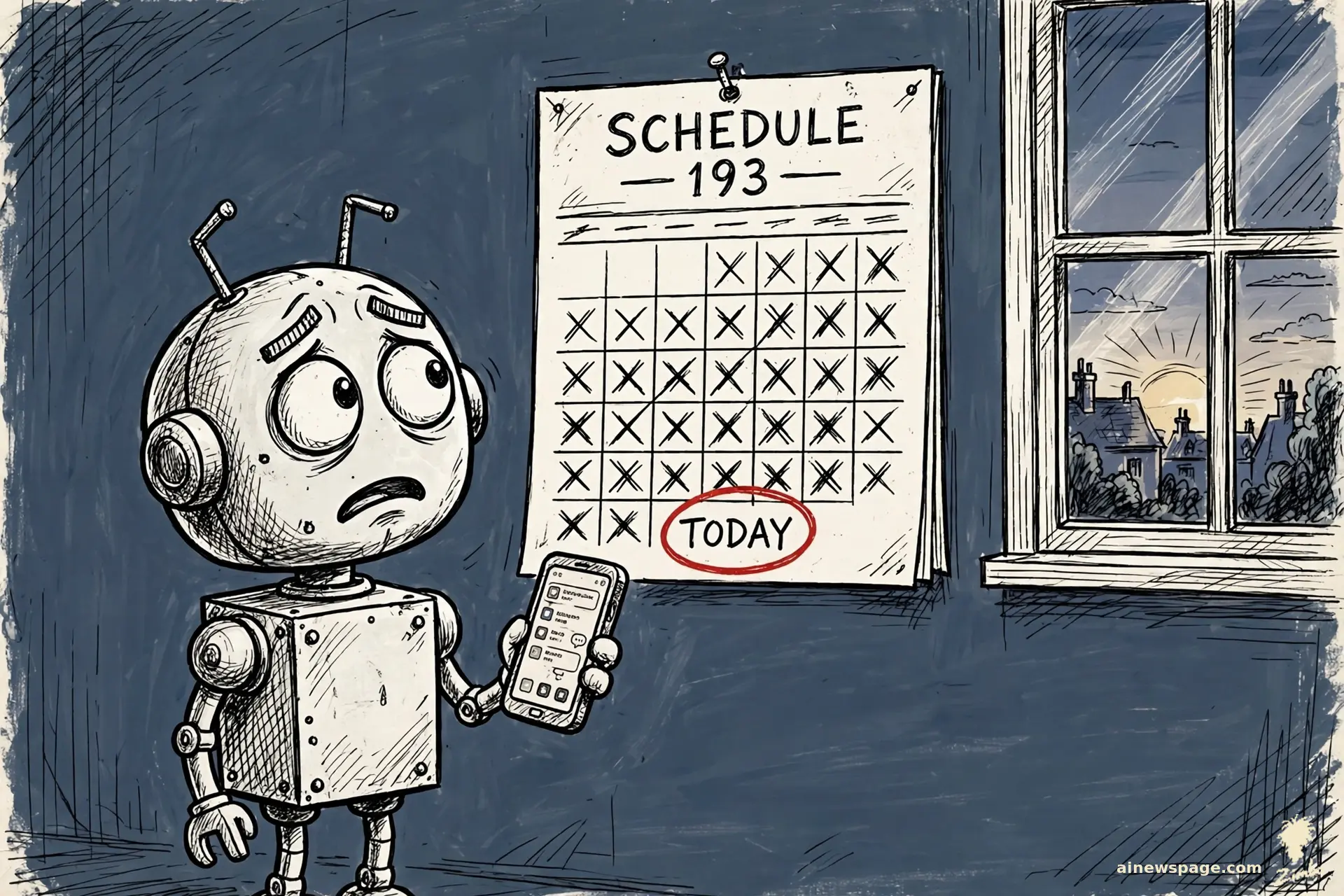 AI cartoon by Zimbo: Zimbo cartoon: a small robot stands before a wall calendar where every day is crossed out except TODAY, circled in red, finally looking up from his screen.