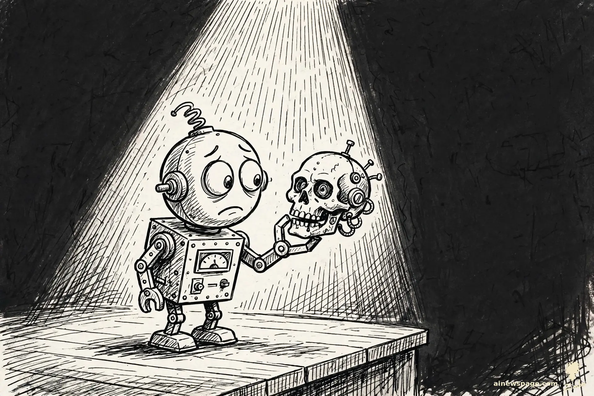 AI cartoon by Zimbo: Zimbo cartoon: a small robot holds a polished robot skull at arm's length on a bare wooden stage under a single spotlight, contemplating it.