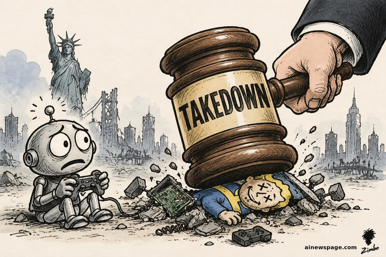 An anxious retro robot clutches a game controller while a giant lawyer's hand slams a TAKEDOWN gavel onto a vault-style character and a crushed game cartridge, with the Statue of Liberty and ruined NYC skyline behind.