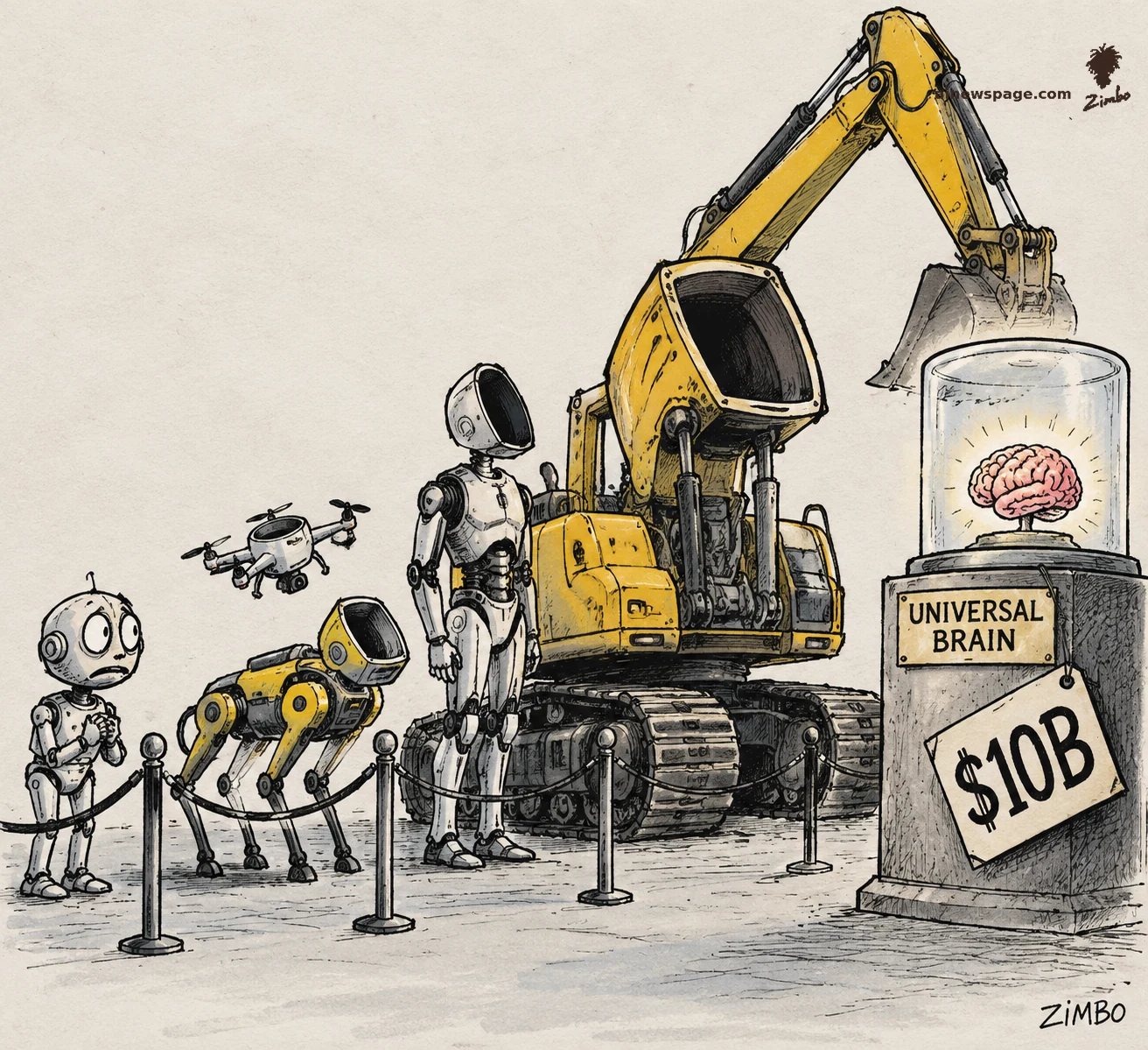Satirical cartoon: a glowing pink brain in a glass jar on a pedestal labeled 'UNIVERSAL BRAIN' with a '$10B' price tag, while a velvet-rope queue of mismatched machines waits — a worried small robot, a robot dog, a drone, a humanoid and a giant excavator, each with an empty head cavity.