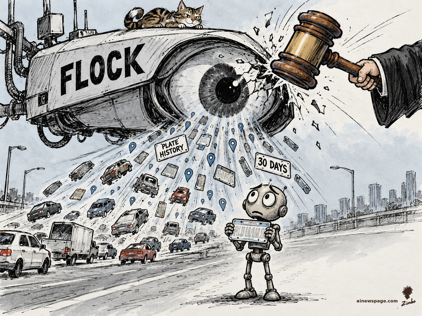 AI cartoon by Zimbo: Satirical Zimbo cartoon: a giant FLOCK surveillance-camera eye hovers over a highway, vacuuming license plates and location pins from the sky; a judge's gavel smashes the lens while worried Merv the robot holds up his own plate and Issue the tabby cat watches from atop the camera.