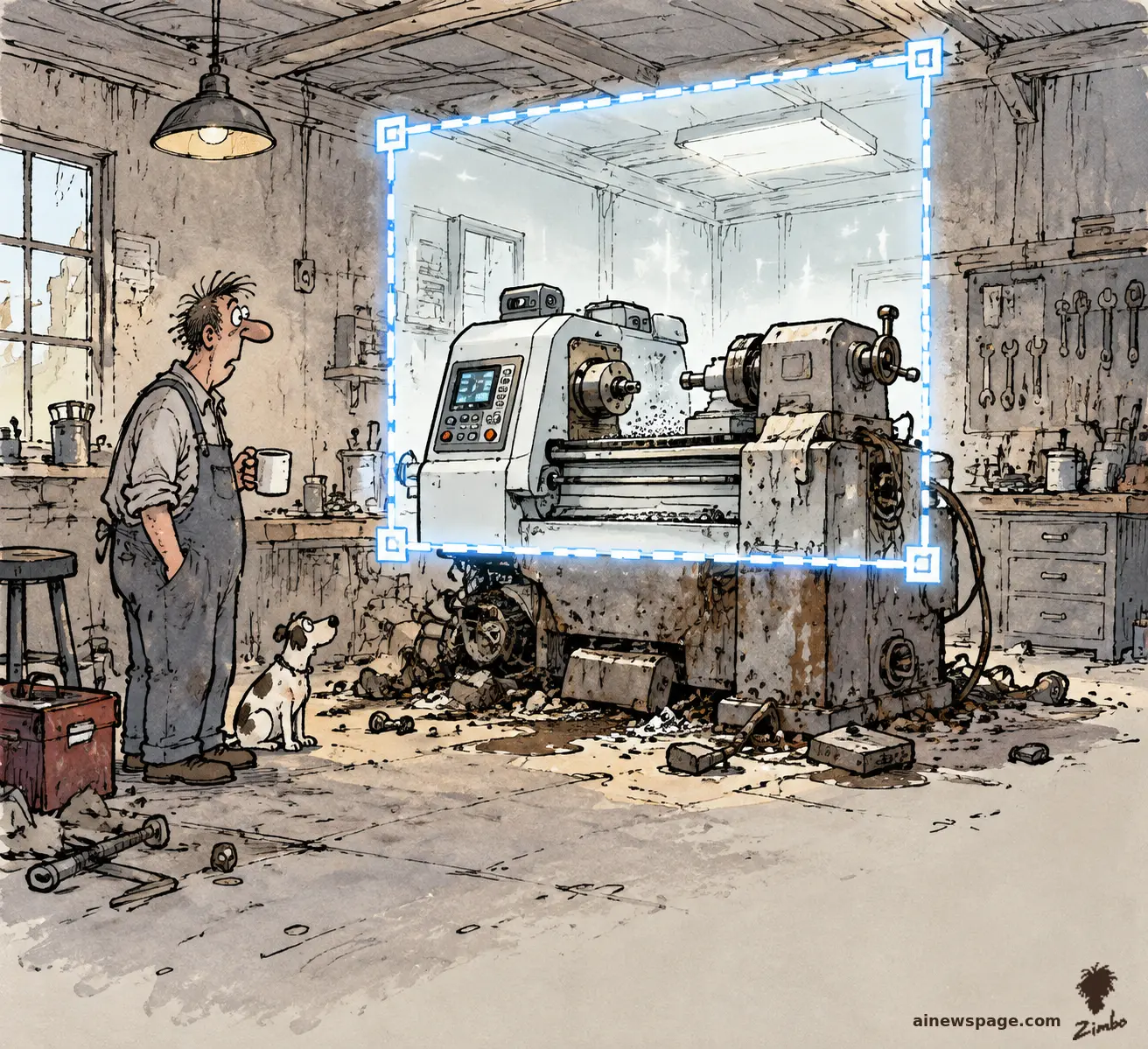 Satirical cartoon: a glowing blue selection rectangle hovers over a grimy workshop, swapping the grimy lathe inside it for a pristine machine while the dusty room, the coffee-holding worker, and the dog outside the box stay untouched.