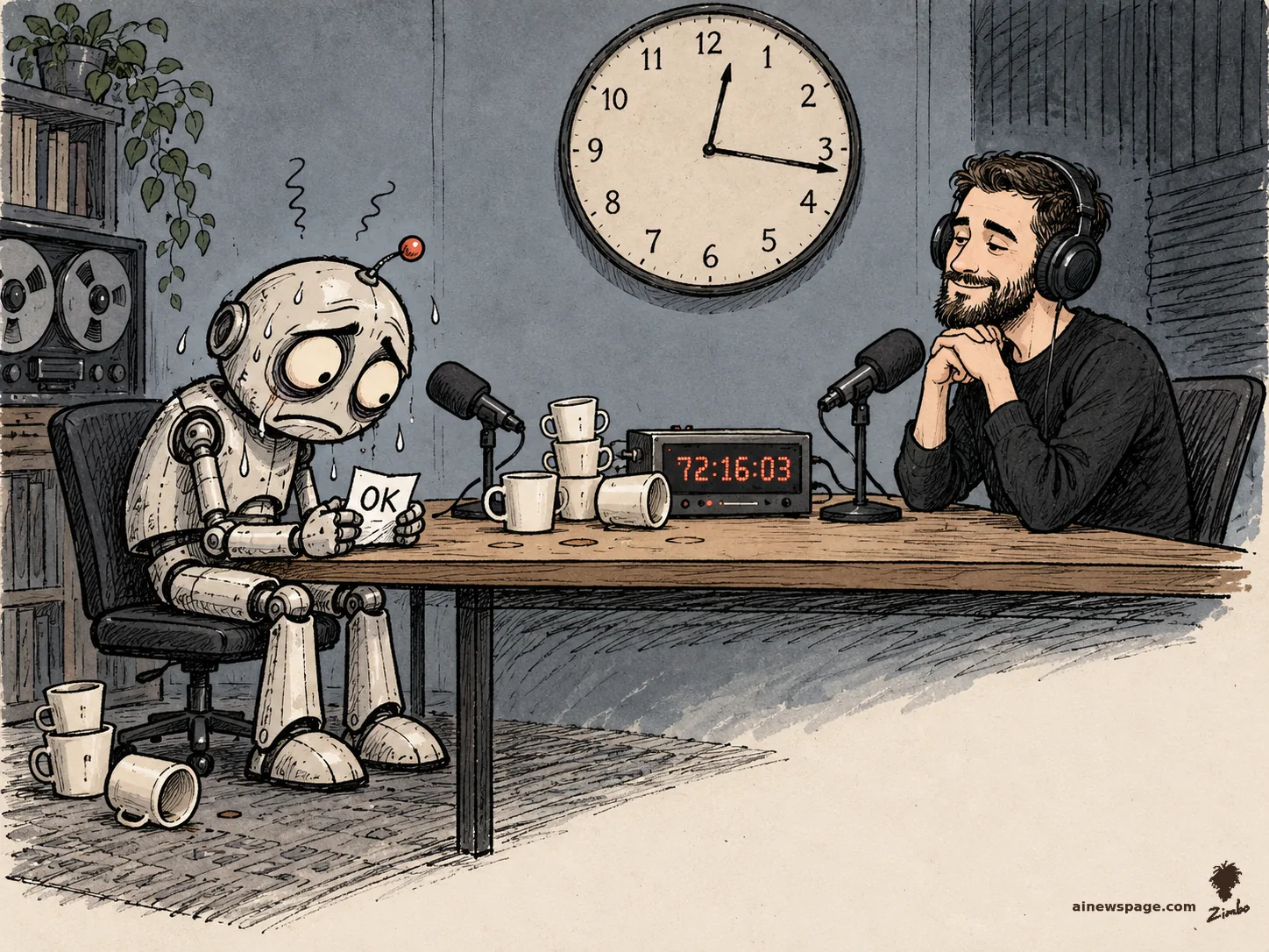 AI cartoon by Zimbo: Satirical cartoon: sweating retro robot Merv slumped in a podcast chair holding an 'OK.' confession card, a timer reading 72:16:03, empty coffee mugs piled up, a bearded interviewer with headphones patiently waiting.