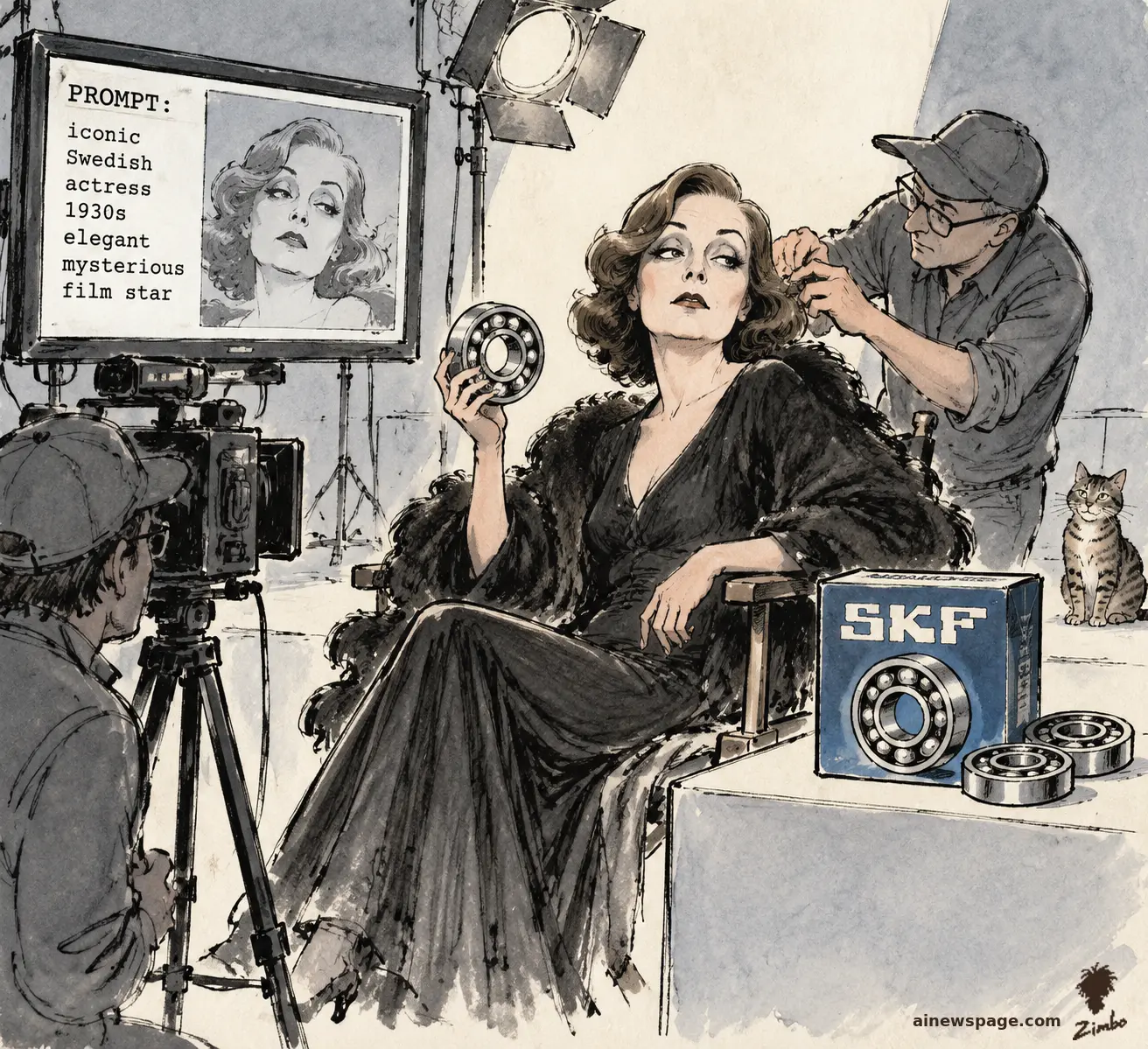 AI cartoon by Zimbo: Editorial cartoon: a 1930s Swedish film star reconstructed from an on-set text prompt board ('PROMPT: iconic Swedish actress 1930s elegant mysterious film star') holds up a ball bearing on a film set; an SKF box and bearings sit on a table while a tabby cat watches.