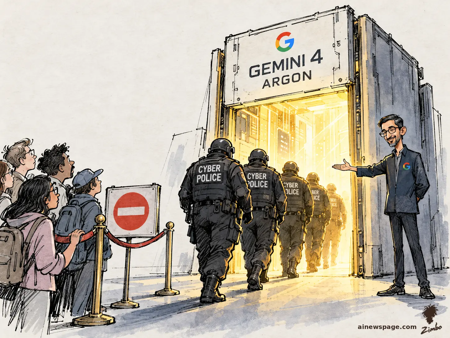 Satirical cartoon: a serene executive in a G-logo jacket gestures tactical officers labeled CYBER POLICE through glowing golden double doors reading GEMINI 4 ARGON, while ordinary users wait behind a velvet rope and a no-entry sign.
