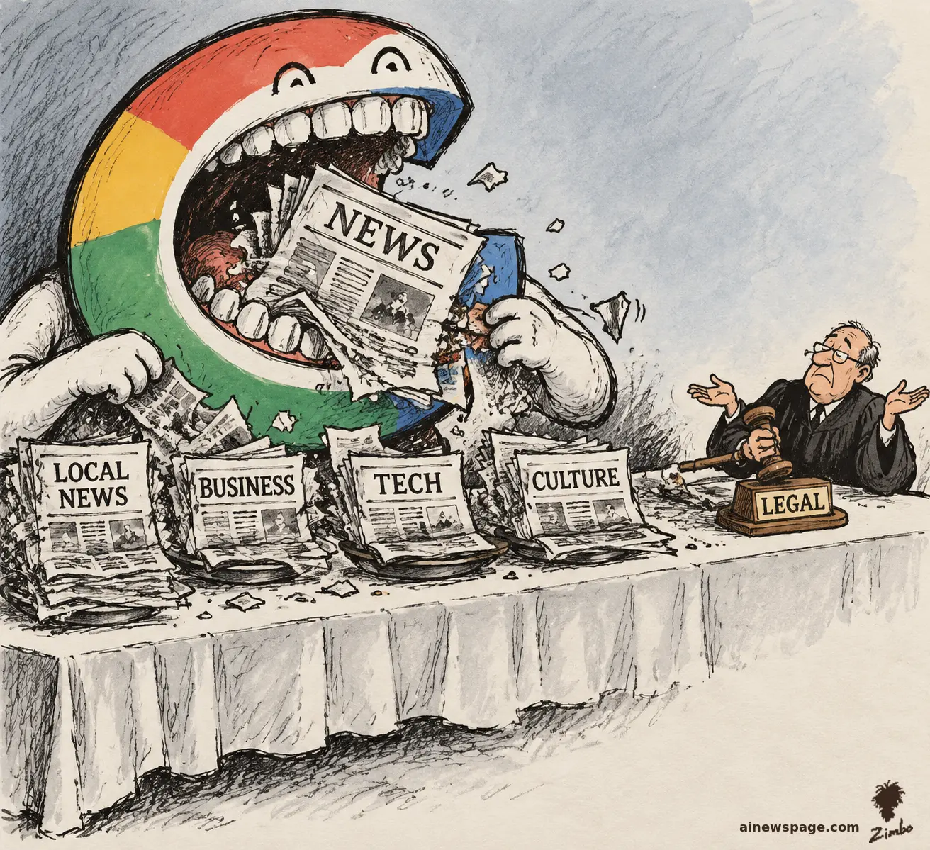 AI cartoon by Zimbo: Satirical cartoon: a giant monster with the Google G as its face sits at a table chomping whole newspapers served on plates labeled LOCAL NEWS, BUSINESS, TECH, CULTURE while a robed judge shrugs, his gavel resting on a block labeled LEGAL.