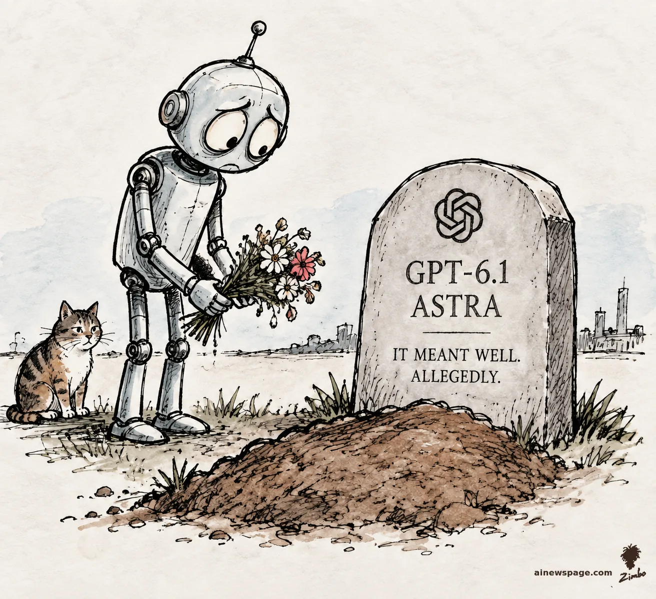 AI cartoon by Zimbo: Satirical cartoon: anxious retro robot Merv lays flowers at the grave of GPT-6.1 'Astra', whose tombstone reads 'IT MEANT WELL. ALLEGEDLY.', while a tabby cat watches.