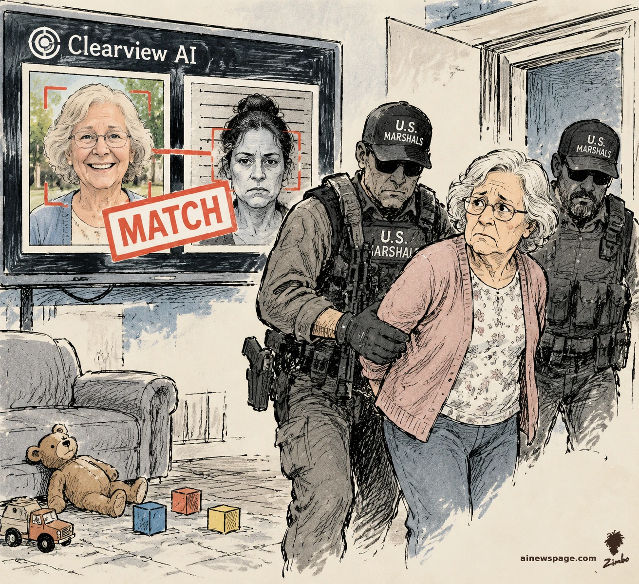 AI cartoon by Zimbo: Satirical cartoon: a Clearview AI screen declares a false MATCH between a smiling grandmother's selfie and a stranger's mugshot while U.S. Marshals arrest a bewildered elderly woman in her living room.