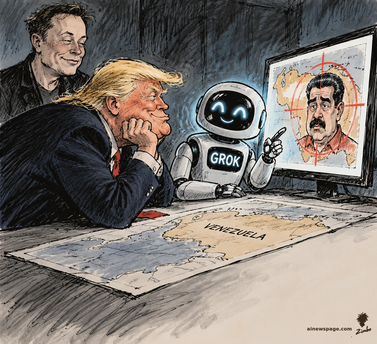 AI cartoon by Zimbo: Satirical cartoon: Trump and Musk watch a robot labeled GROK point at a monitor showing Nicolás Maduro in a target crosshair over a map labeled VENEZUELA.