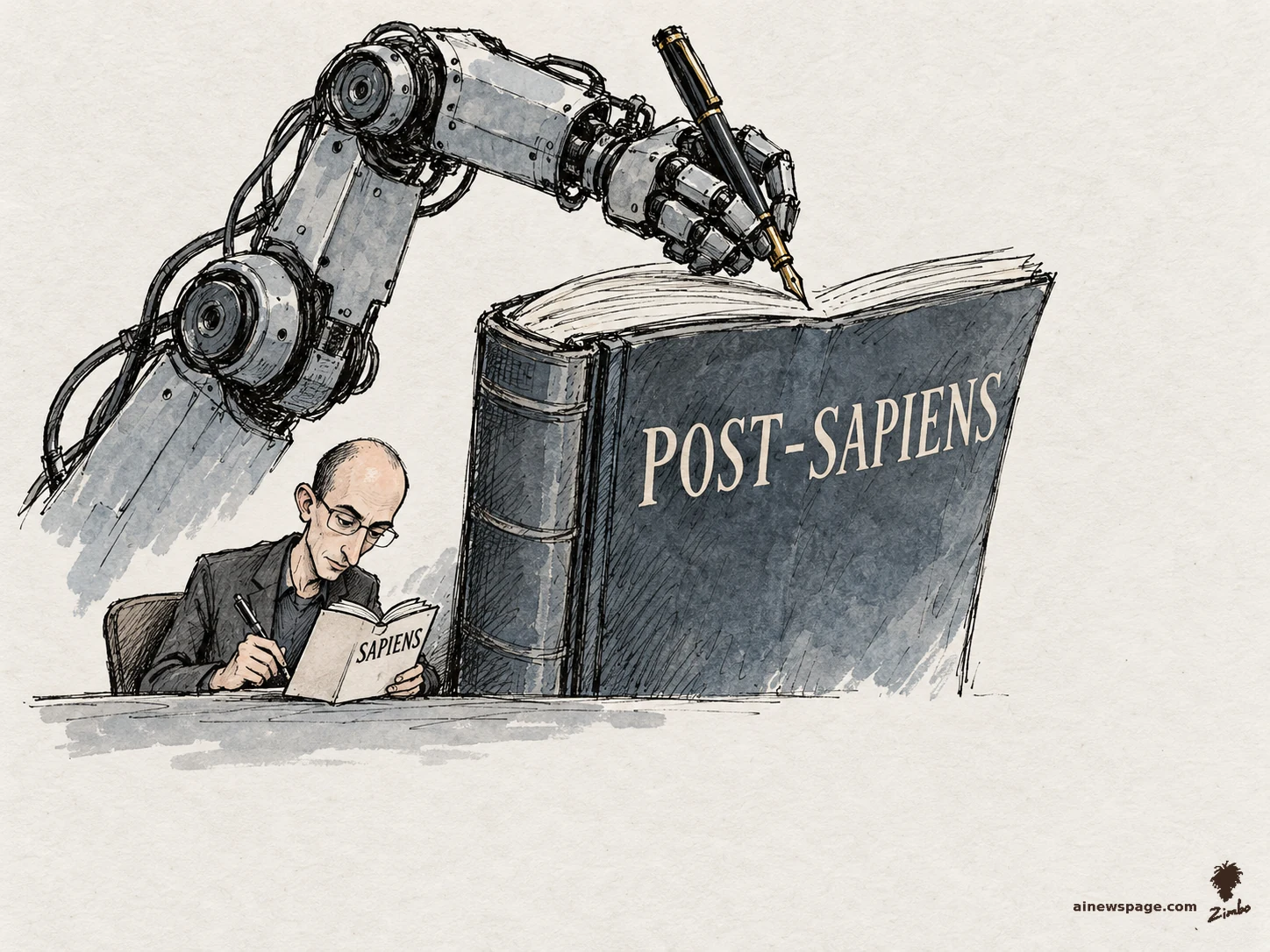 AI cartoon by Zimbo: Satirical cartoon: a small historian writes in his slim book SAPIENS while a giant robot arm reaches over his shoulder, writing an enormous sequel volume titled POST-SAPIENS.