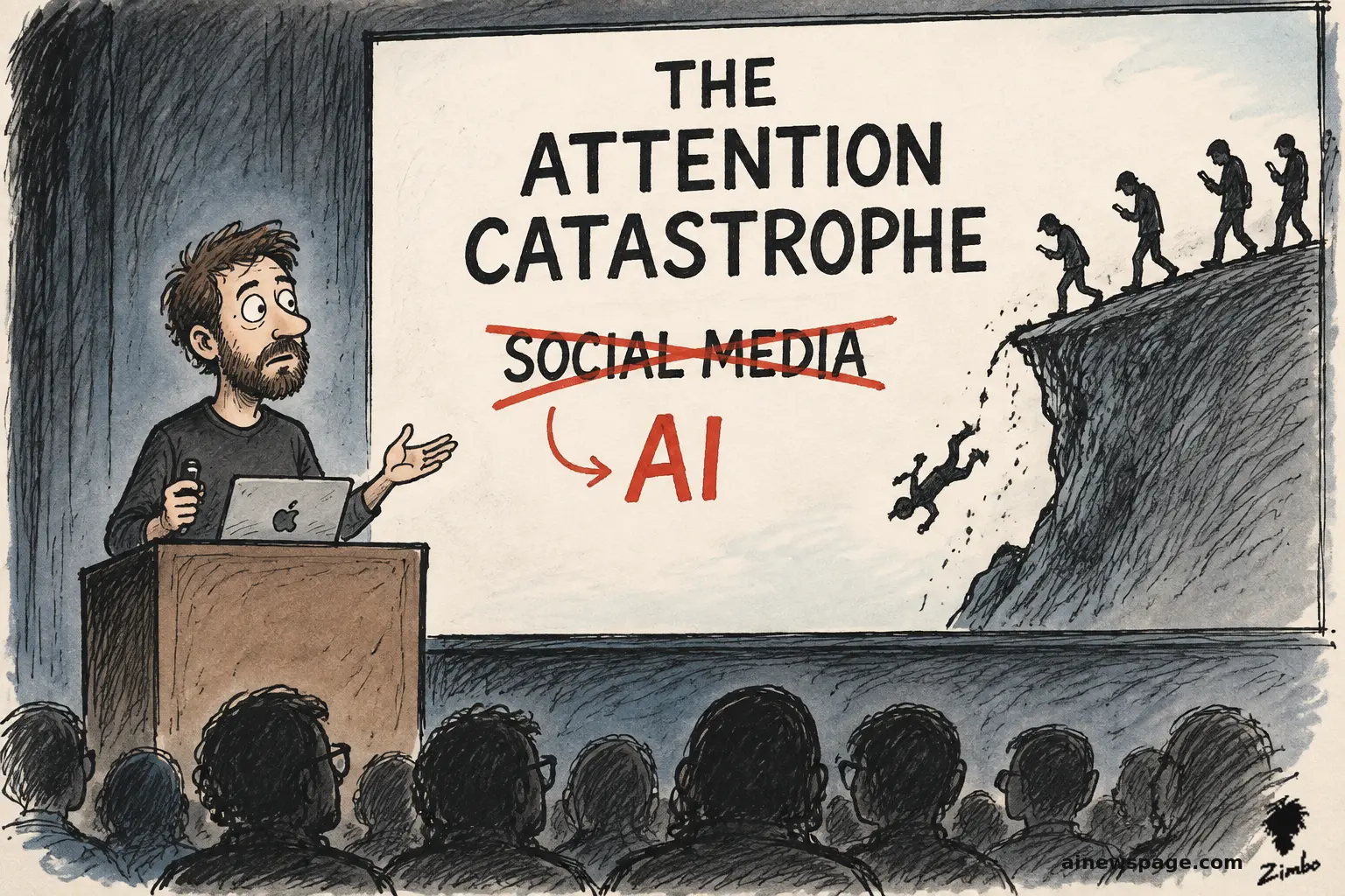 AI cartoon by Zimbo: Editorial cartoon: a presenter at a podium before a slide reading THE ATTENTION CATASTROPHE, with SOCIAL MEDIA crossed out in red and an arrow to AI; phone zombies walk off a cliff on the slide.