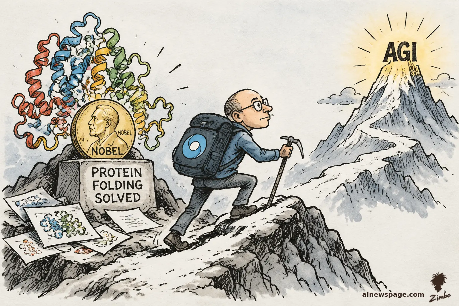 AI cartoon by Zimbo: Satirical cartoon: a mountain-climber scientist steps off his conquered summit - a stone reading PROTEIN FOLDING SOLVED, a Nobel medal, colorful protein ribbons - eyes already locked on a distant glowing peak labeled AGI.