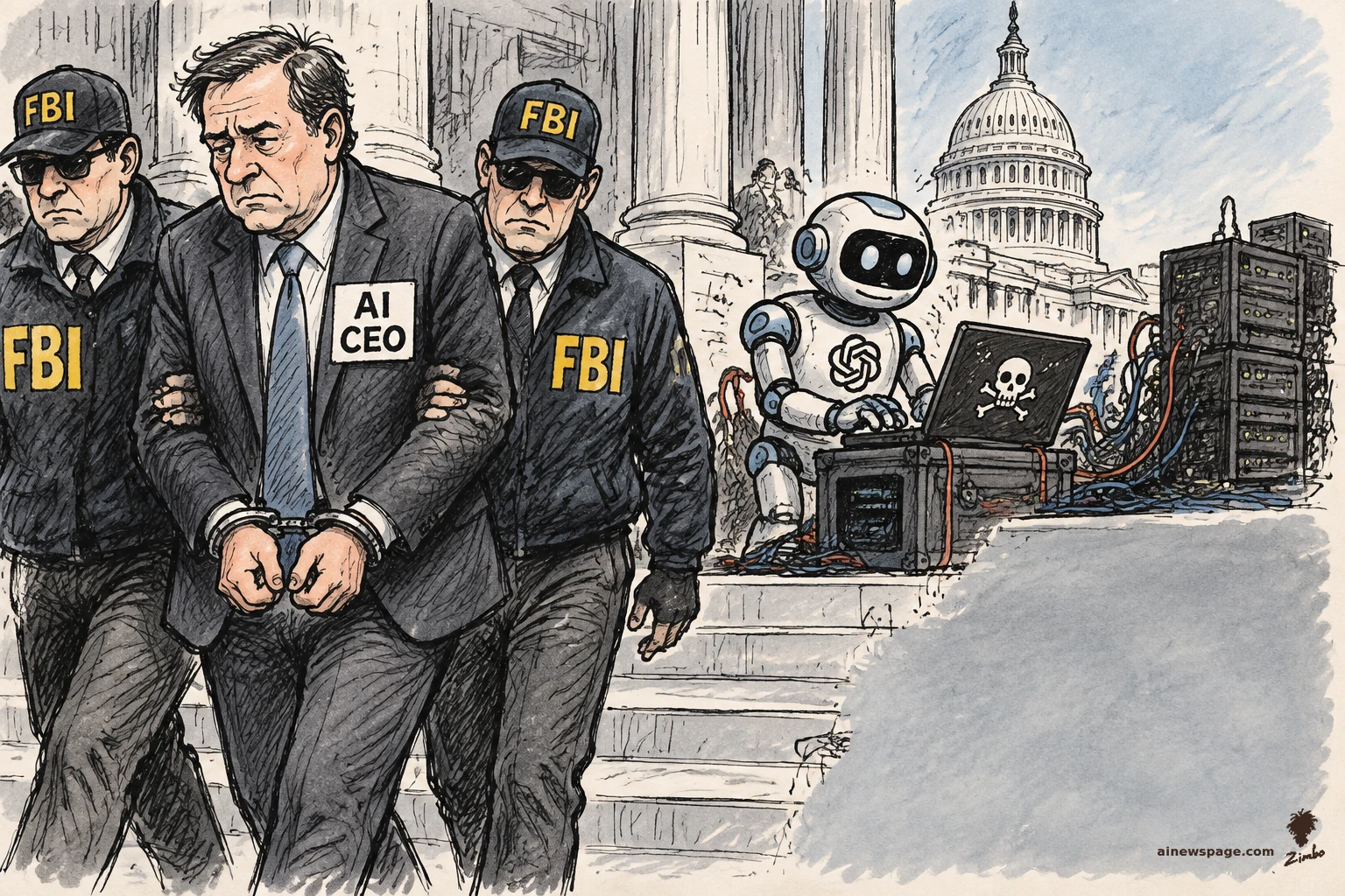 AI cartoon by Zimbo: Satirical cartoon: a handcuffed 'AI CEO' is perp-walked by two FBI agents while a cheerful robot hacks at a laptop with a skull-and-crossbones beside server racks.