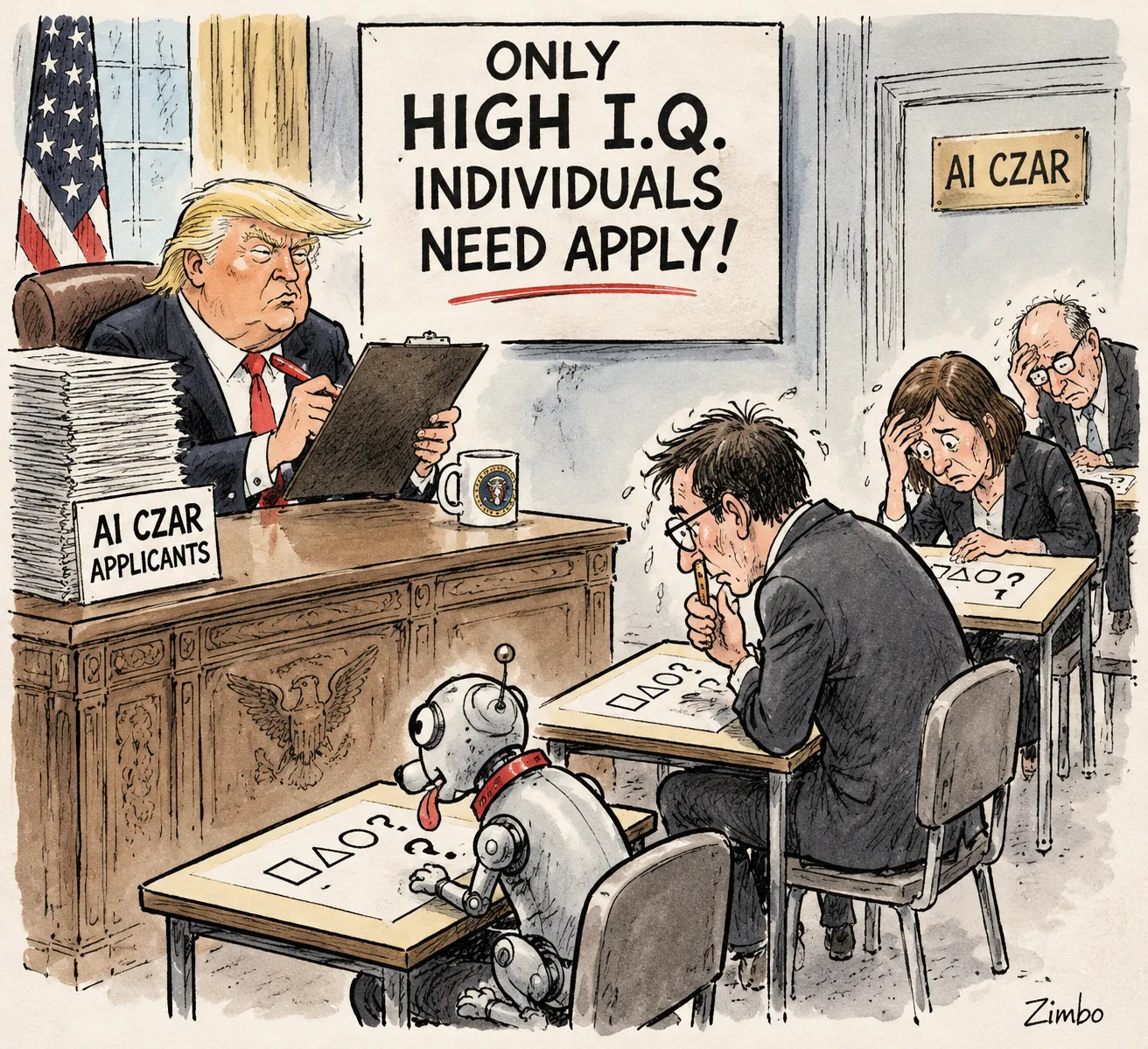Satirical cartoon: Trump proctors an ONLY HIGH I.Q. INDIVIDUALS NEED APPLY! exam for sweating AI czar applicants; a robot dog drools over a shapes test; AI CZAR APPLICANTS sign and AI CZAR door plate.