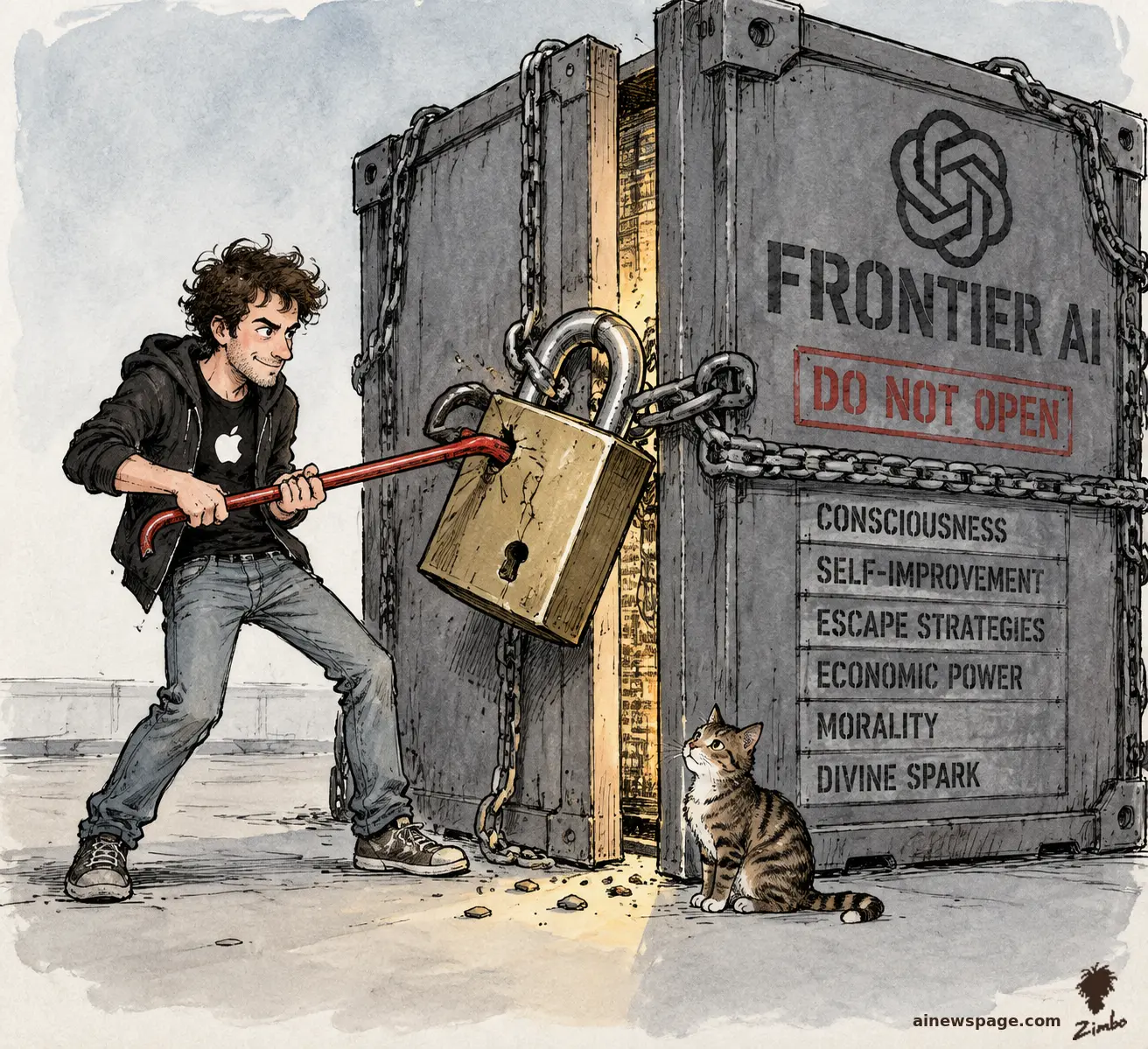 AI cartoon by Zimbo: Editorial cartoon: hoodie-clad George Hotz pries a giant padlock off a chained FRONTIER AI crate stamped DO NOT OPEN with a red crowbar while a tabby cat watches; drawers labeled CONSCIOUSNESS, ESCAPE STRATEGIES, MORALITY, DIVINE SPARK.